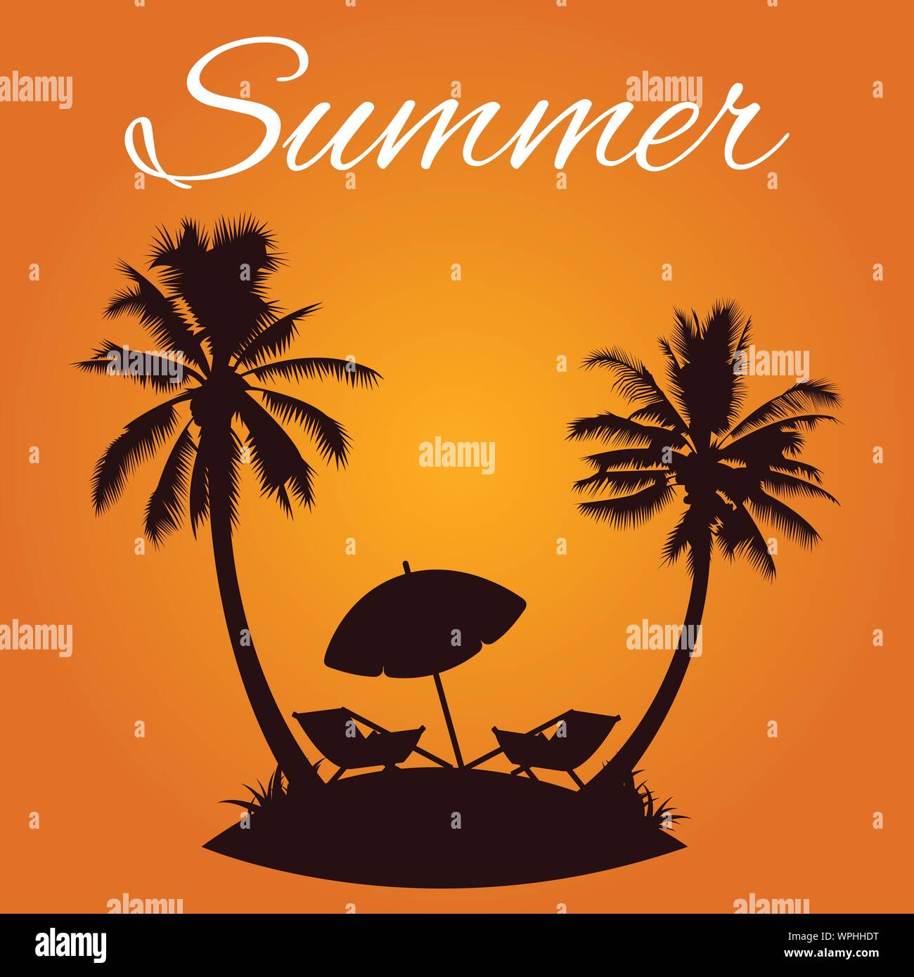 Twin Palm tree stand sull isola tra ombrellone e lettino in tema estivo di silhouette design,illustrazione vettoriale Illustrazione Vettoriale