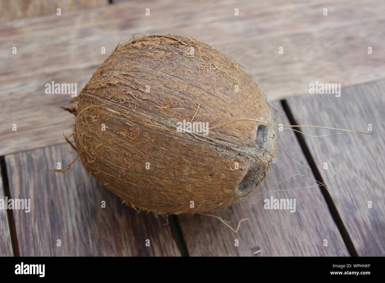 La foto di una noce di cocco intera sulla tavola di legno. Vegetariani e cibo sano. Alimentazione e dieta dello sfondo. Industria cosmetica. Foto Stock
