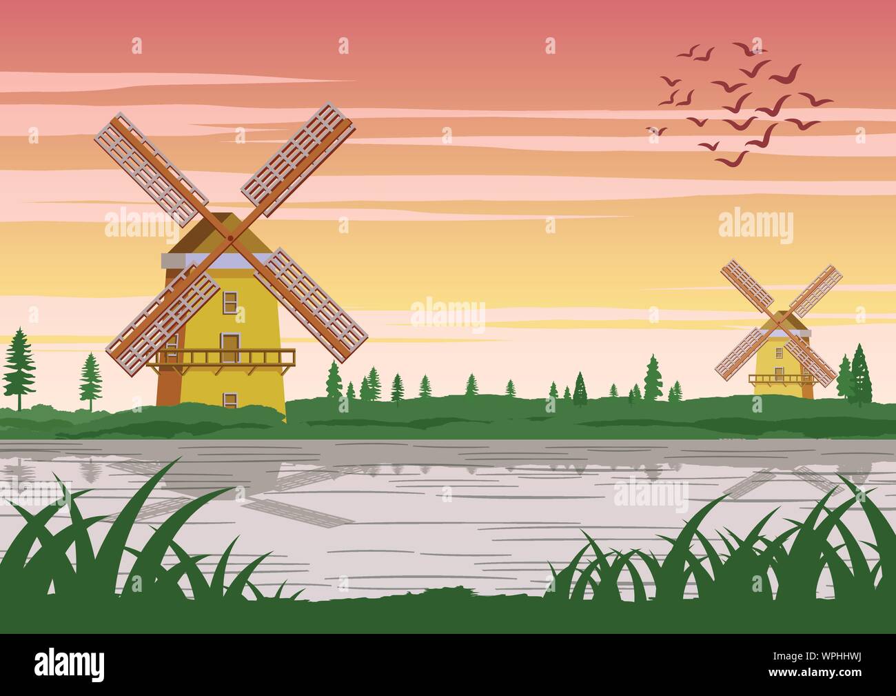 Famoso simbolo di Holland,mulino a vento intorno con la sua bella natura,vintage color,illustrazione vettoriale Illustrazione Vettoriale