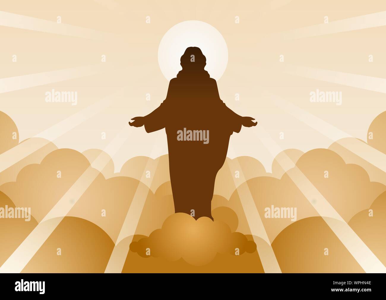 Gesù Cristo con la luce e il cloud indietro significa iniziare di speranza,credenza e fede,illustrazione vettoriale Illustrazione Vettoriale