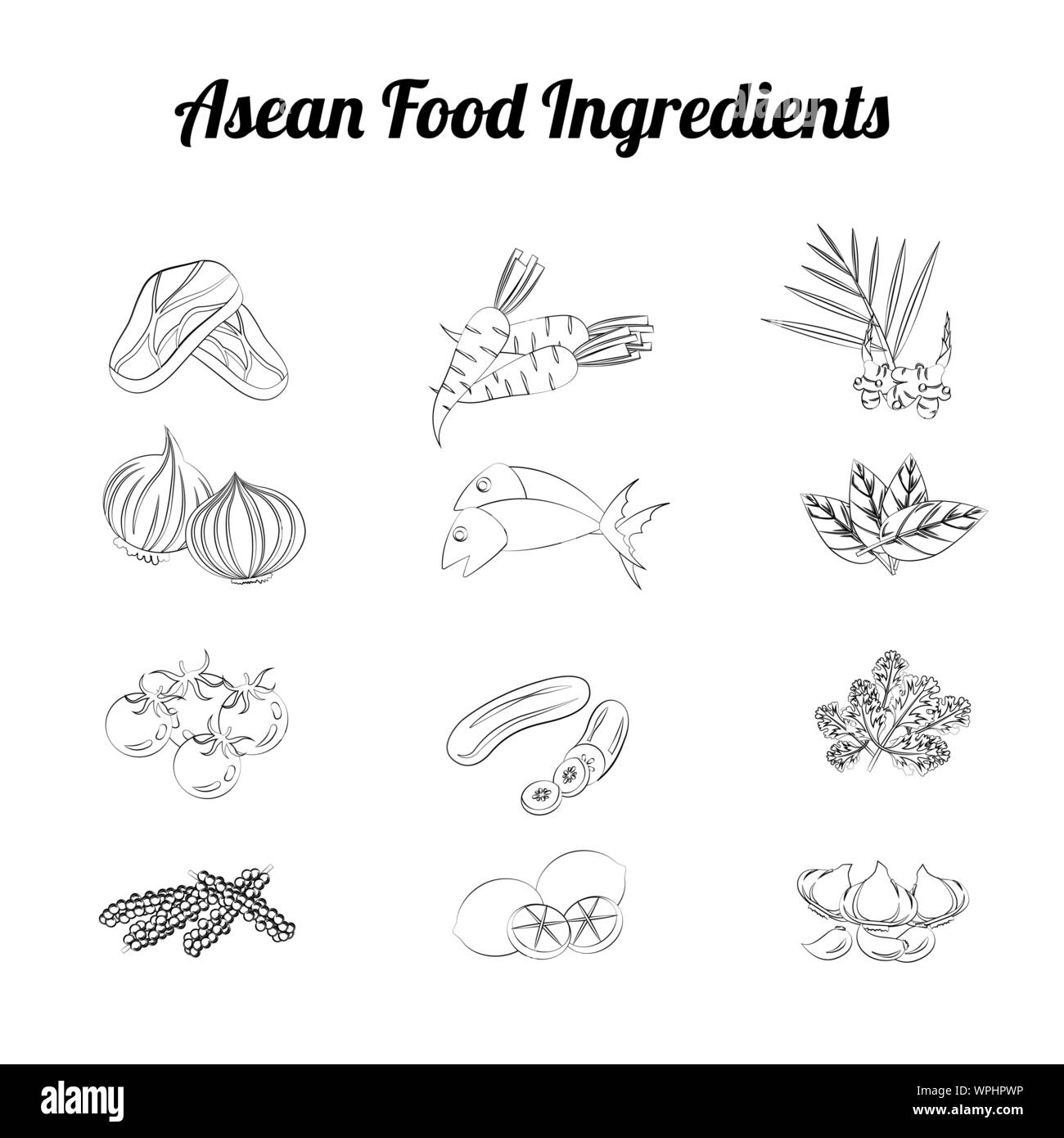 L'Asean ingredienti alimentari bundle set comprendono la verdura e la carne nel gradiente cartoon design,illustrazione vettoriale Illustrazione Vettoriale