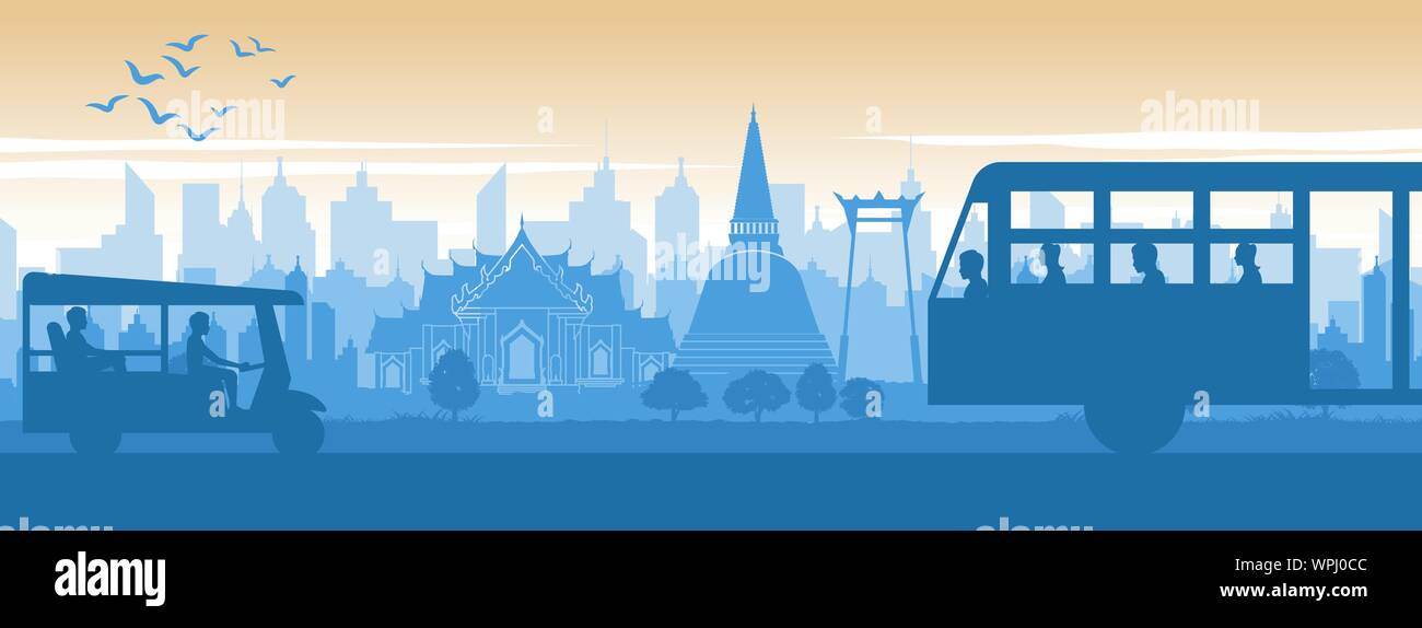 Thailandia famoso punto di riferimento nel panorama del design di stile di vita con il blu e il giallo arancio colore in silhouette design, illustrazione vettoriale Illustrazione Vettoriale
