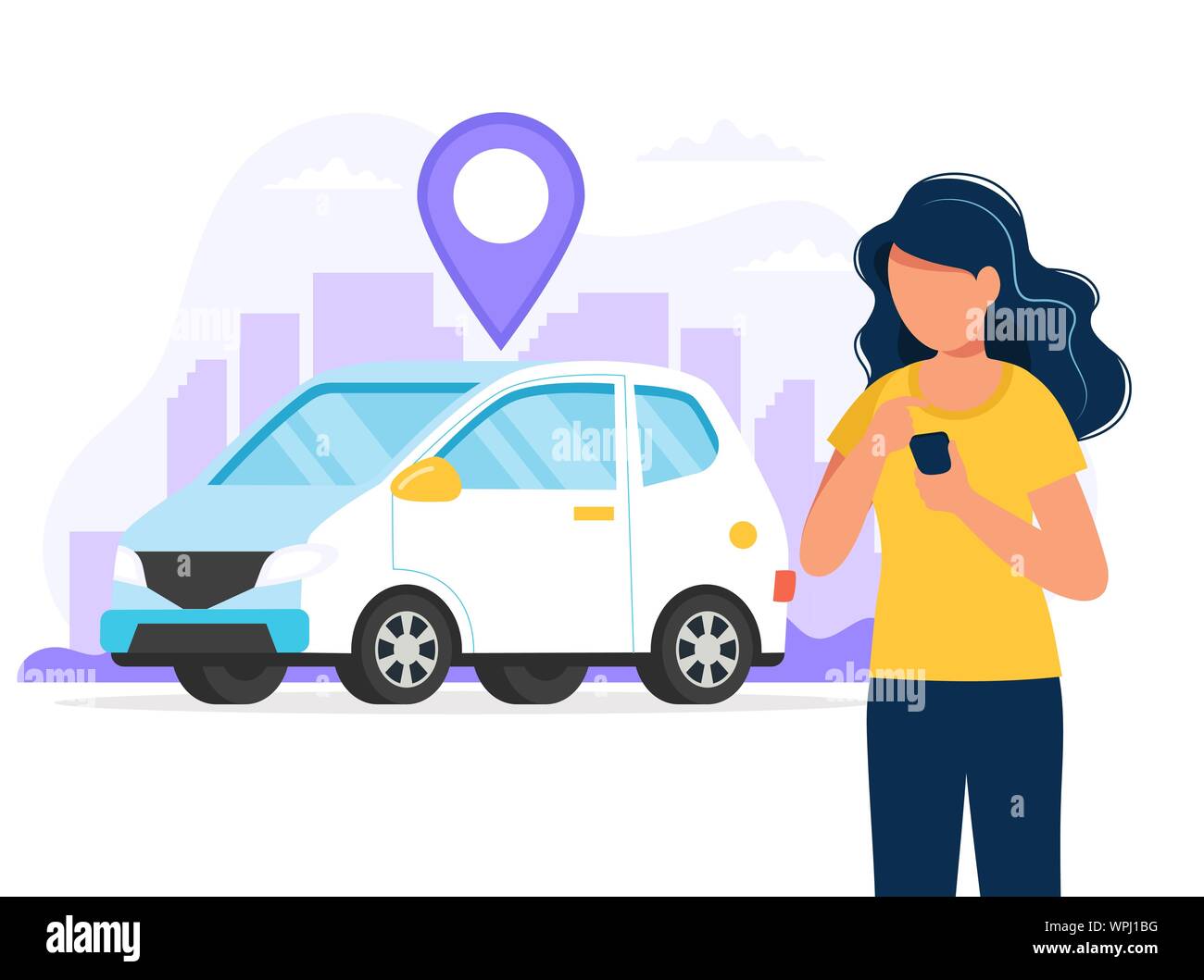 Carsharing concetto. Donna con smartphone con un'app per trovare una posizione auto. Servizio noleggio auto tramite mobile app. Illustrazione Vettoriale in stile piatto Illustrazione Vettoriale