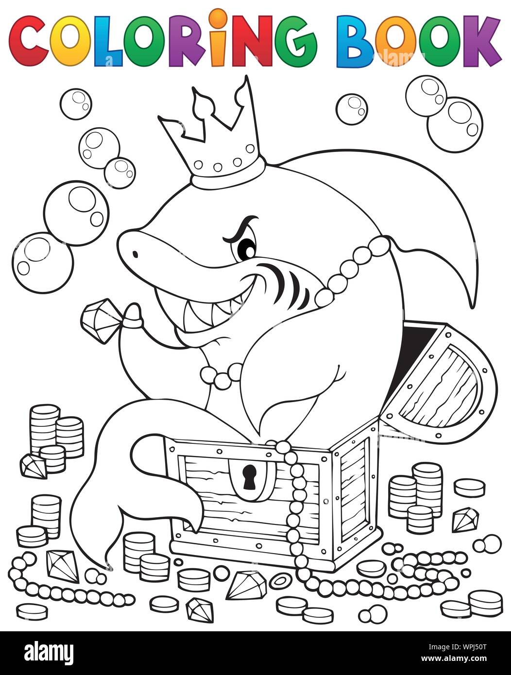 Libro da colorare con lo squalo e il tesoro Illustrazione Vettoriale
