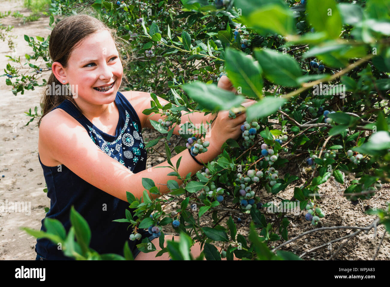 Ragazza sorridente come lei si eccita i mirtilli a Blueberry Farm Foto Stock