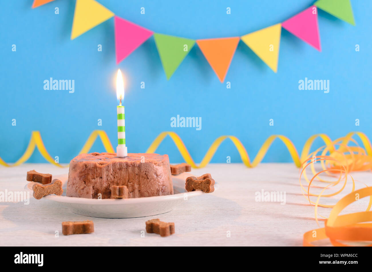 Buon compleanno torta per il cane da alimento umido e tratta con candela sulla parte blu sullo sfondo Foto Stock