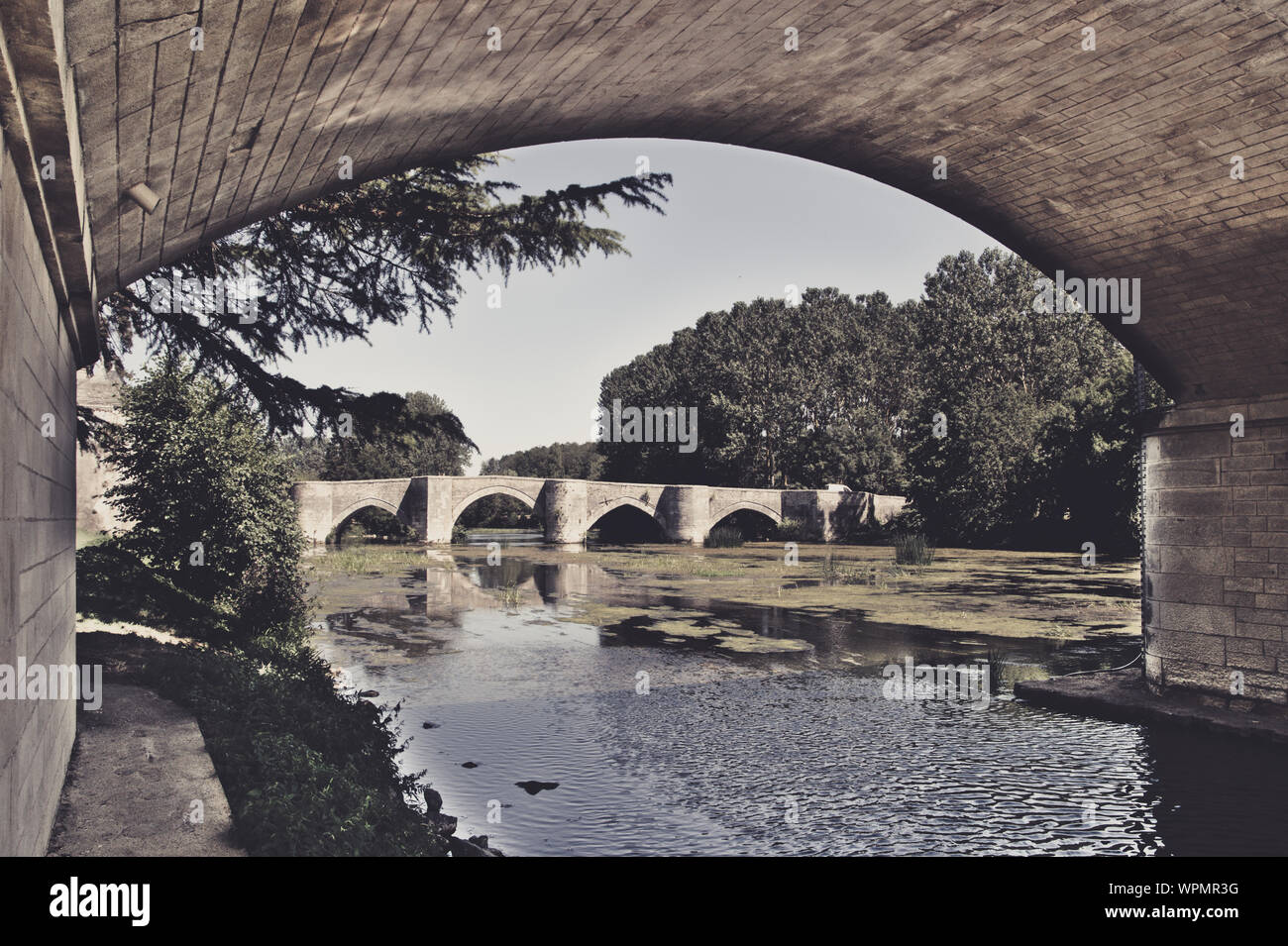 Ponte accanto alla Abbazia di Saint-Savin sur Gartempe nella regione di Vienne Foto Stock