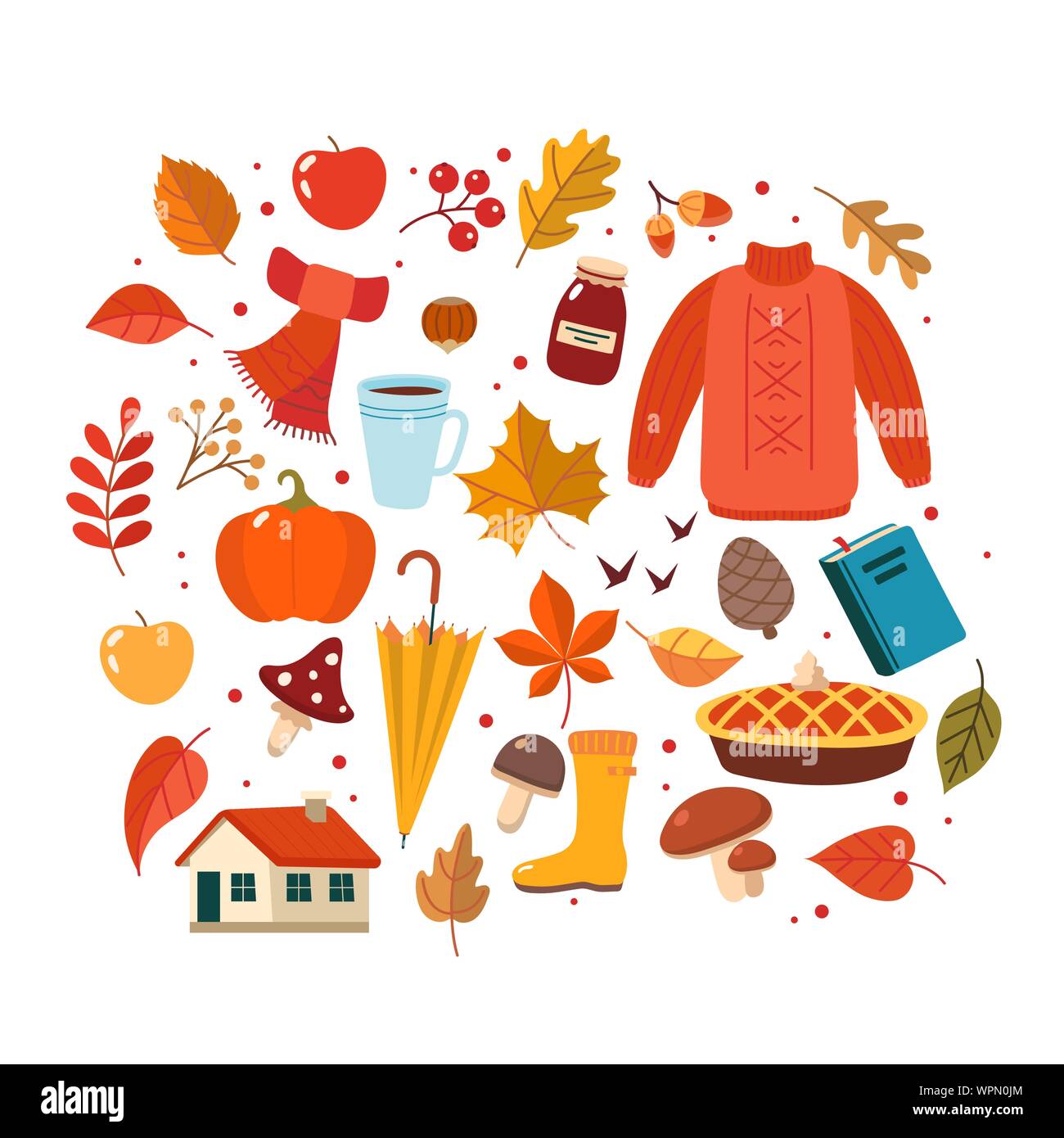 Autunno disegnati a mano raccolta di elementi. Carino illustrazione vettoriale in stile piatto Illustrazione Vettoriale