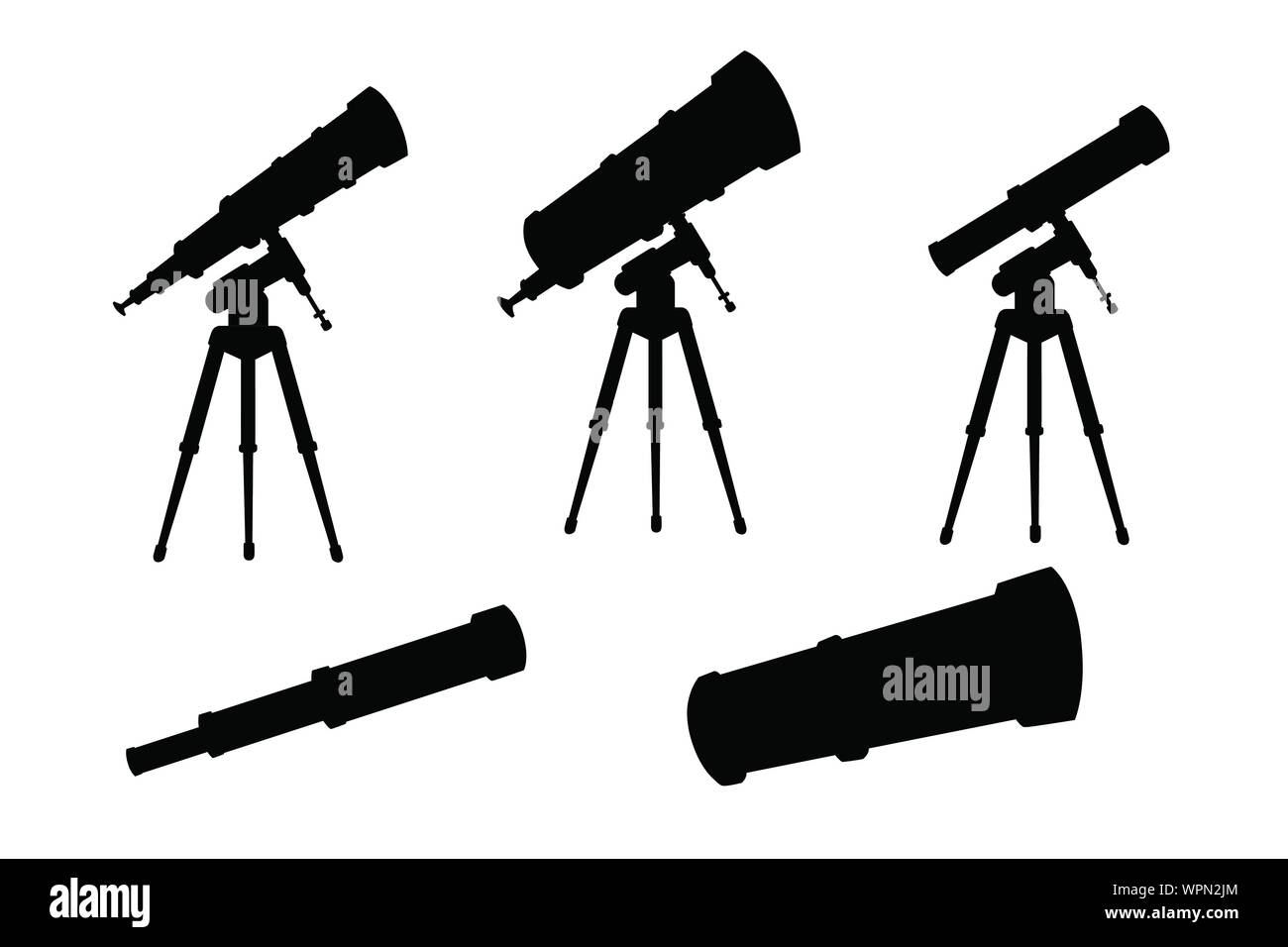 Silhouette nera insieme di telescopi con gabbie e senza piatto illustrazione vettore isolato su sfondo bianco. Illustrazione Vettoriale