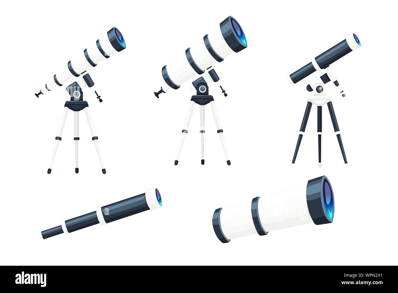 Set di telescopi di bianco con gabbie e senza piatto illustrazione vettore isolato su sfondo bianco. Illustrazione Vettoriale