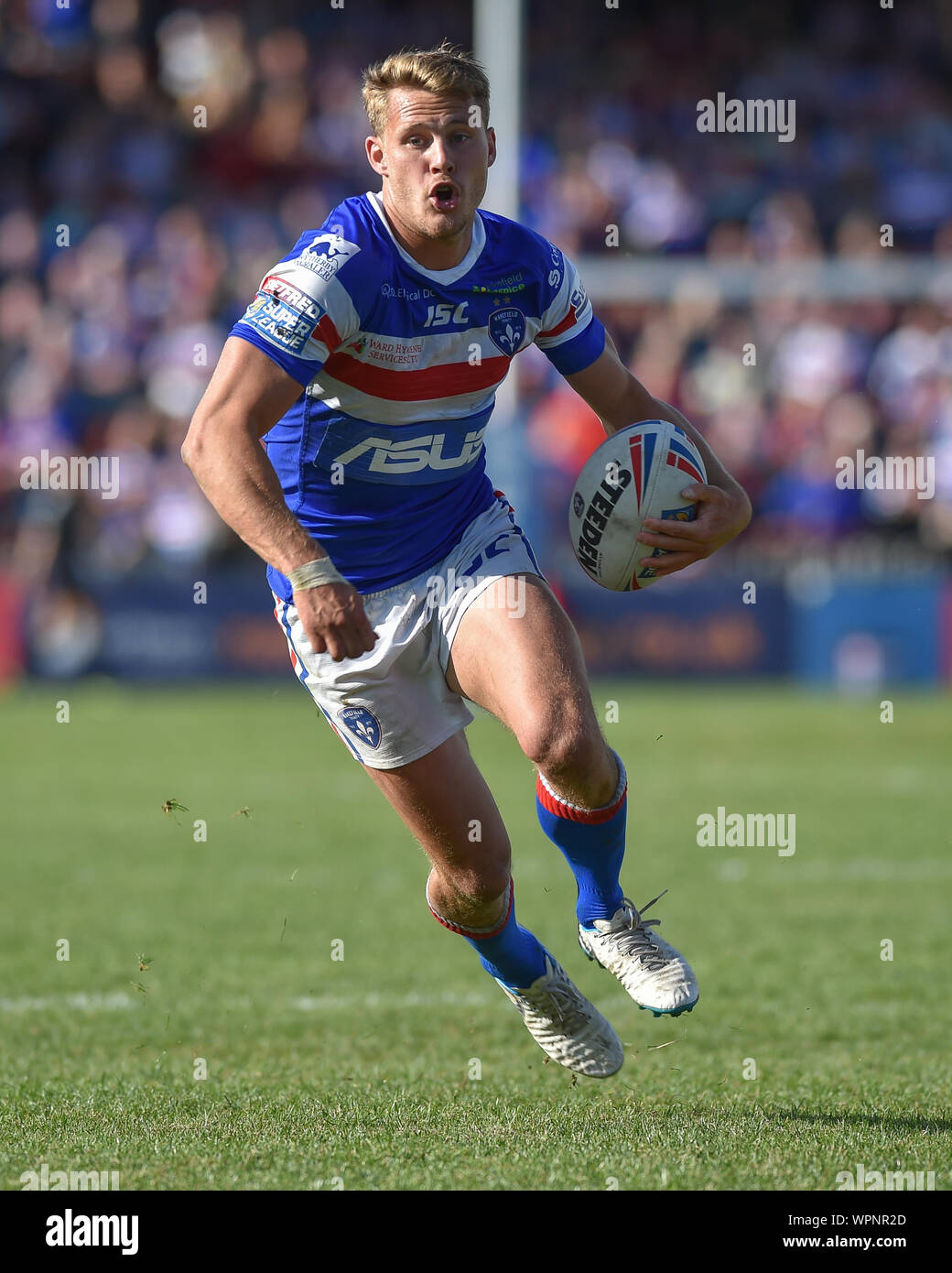 Wakefield, Regno Unito, 1 9 2019. 01 settembre 2019. Razzo Mobile Stadium, Wakefield, Inghilterra; Rugby League Betfred Super League, Wakefield Trinity Vs Wigan Warriors; Jacob Miller di Wakefield Trinity Dean Williams/RugbyPixUK Foto Stock