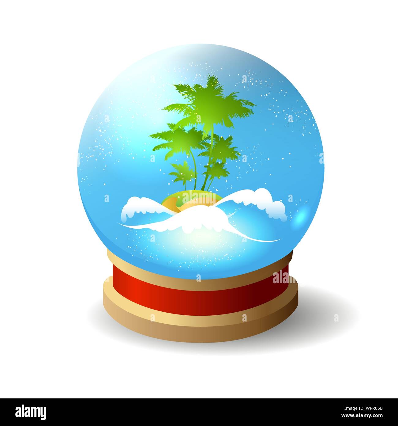 Isola tropicale nell'oceano con palme all'interno di una sfera di cristallo. Illustrazione Vettoriale. Illustrazione Vettoriale