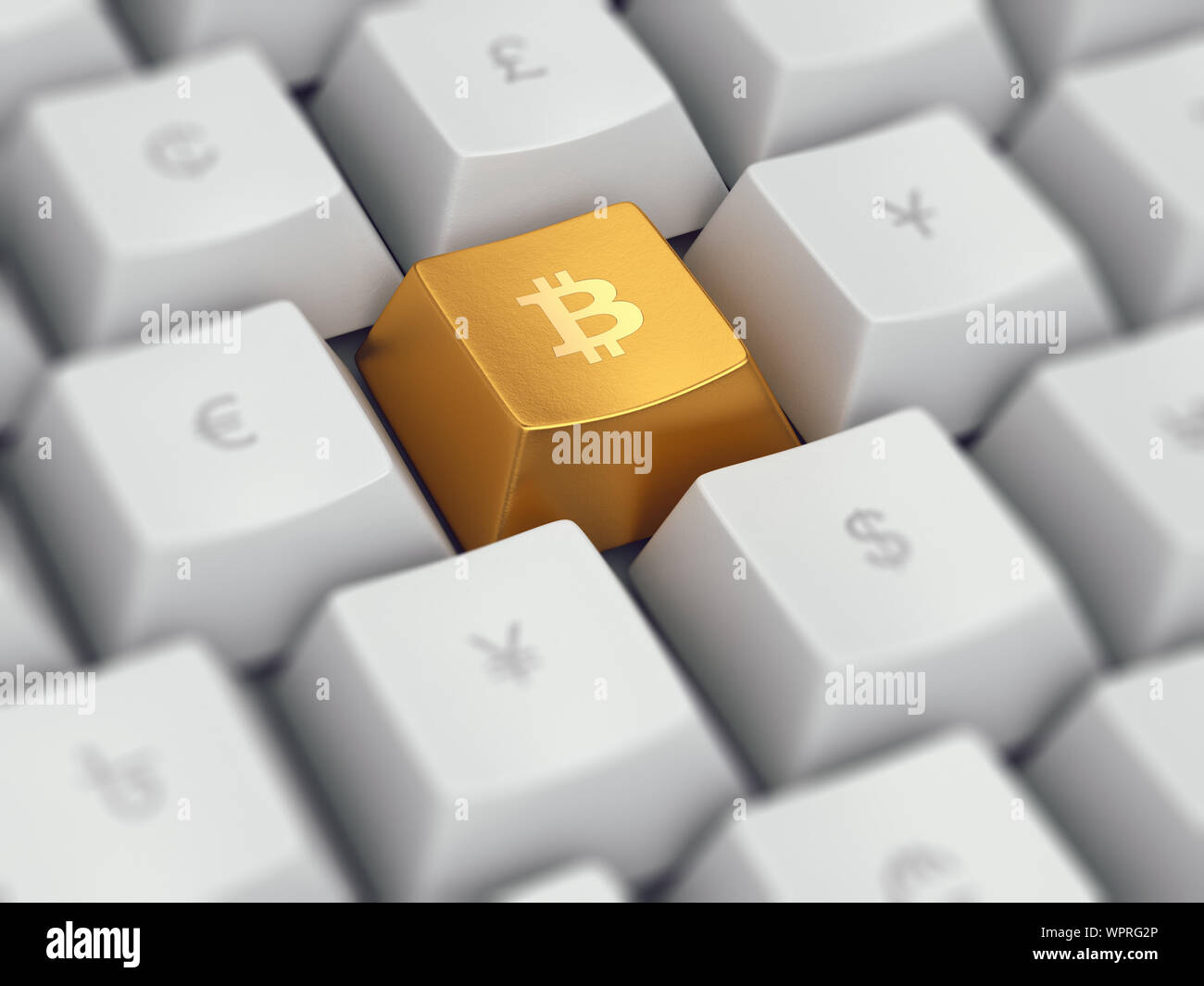 Tastiera per computer con i più diffusi cryptocurrency bitcoin sul pulsante dorato e la moneta comune di simboli su bianco - Dollaro, euro, yen, sterlina, etc, 3d illust Foto Stock