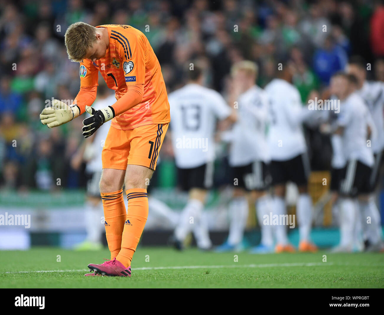 Belfast, Regno Unito. 09Sep, 2019. frustrati per portiere Bailey Peacock - Farrell (Irlanda del Nord) dopo la 0: 1. GES/Soccer/Euro Qualifica: Irlanda del Nord - Germania, 09.09.2019 Calcetto: Qualificazioni europee: Irlanda del Nord vs Germania, Belfast, 9 settembre, 2019 | Utilizzo di credito in tutto il mondo: dpa/Alamy Live News Foto Stock