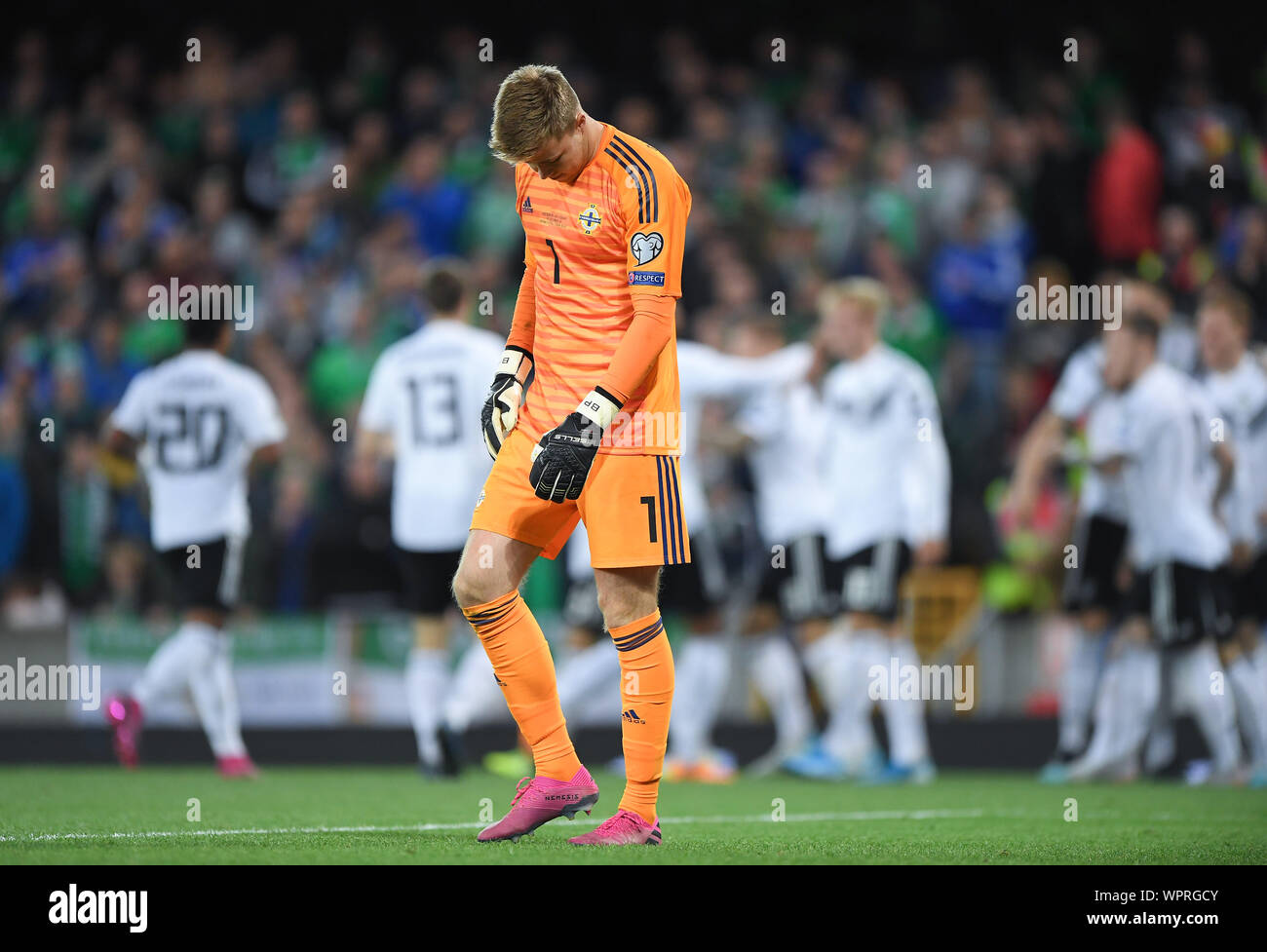 Belfast, Regno Unito. 09Sep, 2019. frustrati per portiere Bailey Peacock - Farrell (Irlanda del Nord) dopo la 0: 1. GES/Soccer/Euro Qualifica: Irlanda del Nord - Germania, 09.09.2019 Calcetto: Qualificazioni europee: Irlanda del Nord vs Germania, Belfast, 9 settembre, 2019 | Utilizzo di credito in tutto il mondo: dpa/Alamy Live News Foto Stock