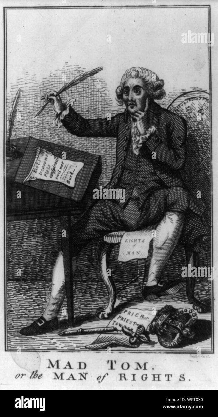 Mad Tom, o l'uomo dei diritti Abstract: Tom Paine si siede in una poltrona accanto ad una piccola scrivania, penna alla mano, il suo braccio destro e la gamba sinistra sollevata in eccitazione, la sua mano sinistra detenuto per il suo volto ... (Fonte: George) Foto Stock