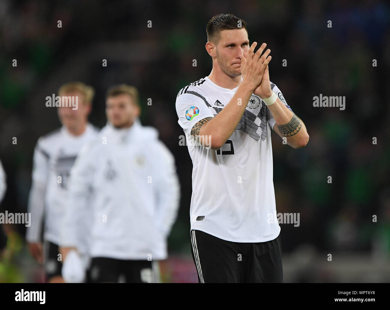 Tripudio finale: Niklas Suele (Germania). GES/Soccer/Euro Qualifica: Irlanda del Nord - Germania, 09.09.2019 Calcetto: Qualificazioni europee: Irlanda del Nord vs Germania, Belfast, 9 settembre, 2019 | Utilizzo di tutto il mondo Foto Stock