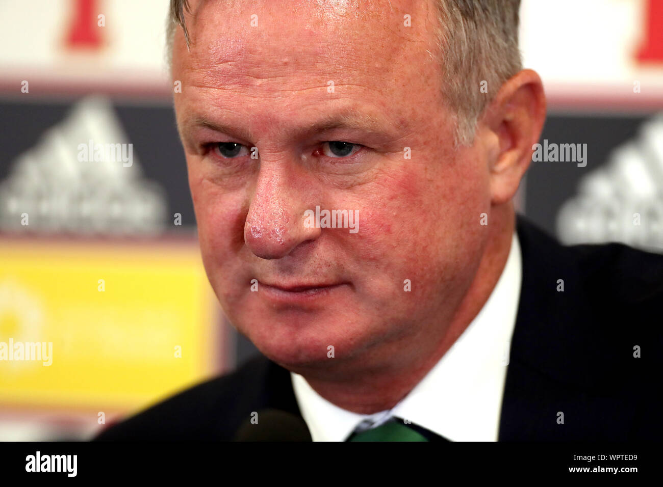 Irlanda del Nord manager Michael O'Neill nel corso di una conferenza stampa dopo la UEFA Euro 2020 qualifica del gruppo C corrispondono al Windsor Park di Belfast. Foto Stock