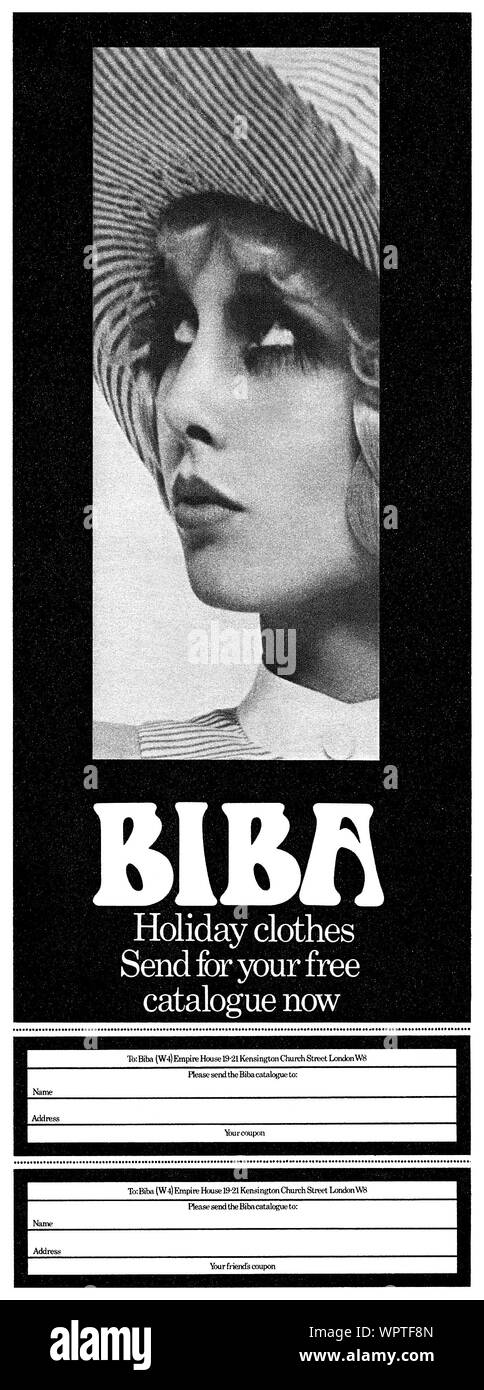 1969 British pubblicità per il Biba moda catalogo. Foto Stock