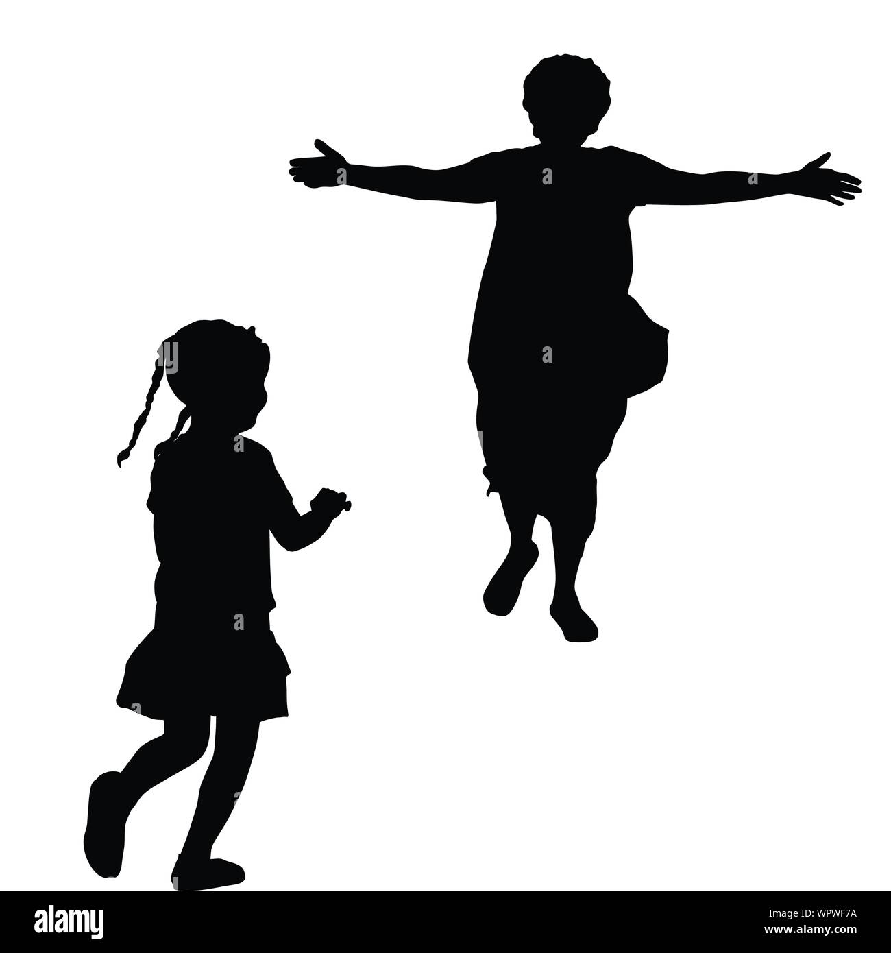 Silhouette di madre con le braccia aperte in esecuzione a una bambina su sfondo bianco, illustrazione vettoriale Illustrazione Vettoriale