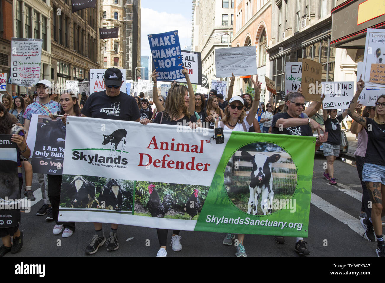 Gazzetta dei diritti degli animali marzo il 24 agosto 2019 riempito Broadway presso il Flatiron Building e hanno marciato al Tompkins Square Park di New York City. Esso chiede la protezione di tutti gli animali e anche per 'Go Vegan " per il bene del pianeta. Foto Stock