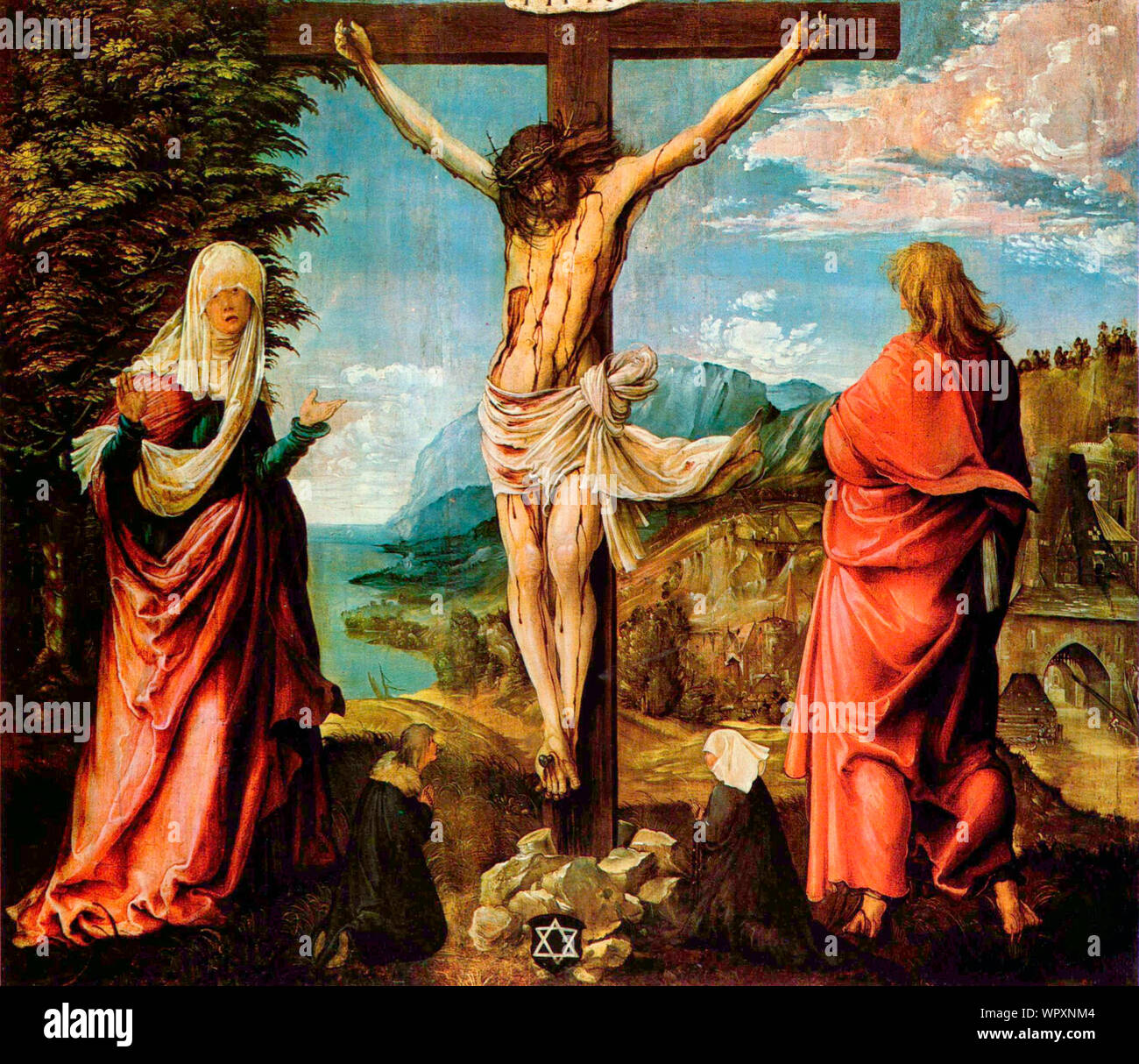 Gesù Cristo sulla Croce con Maria e san Giovanni - Albrecht Altdorfer, circa 1512 Foto Stock