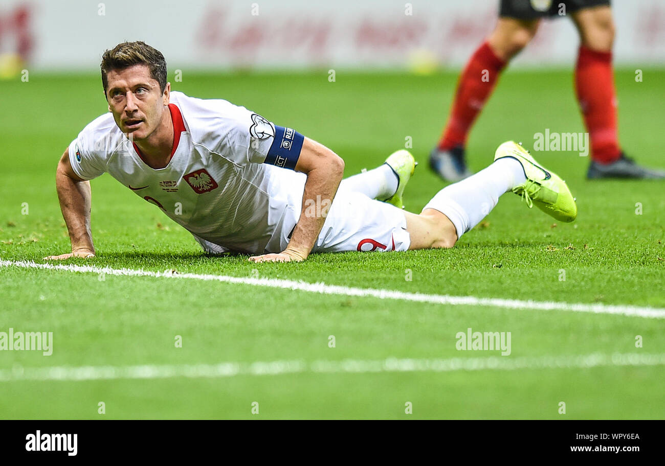 Varsavia, Polonia. 9 Sep, 2019. Robert Lewandowski di Polonia reagisce durante UEFA EURO 2020 turno di qualificazione gruppo G match tra Polonia e Austria a Varsavia, Polonia, Sett. 9, 2019. Credito: Rafal Rusek/Xinhua Foto Stock