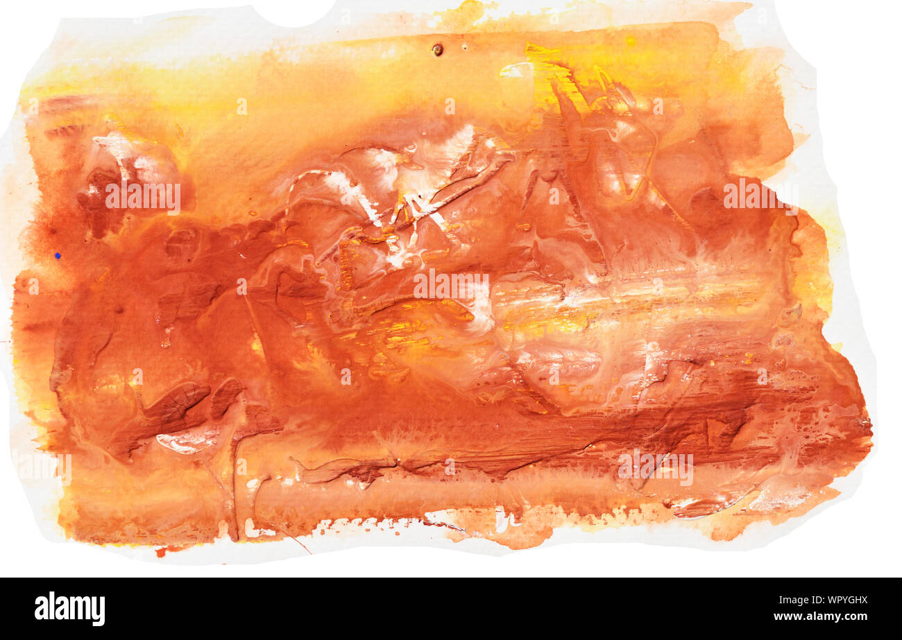 Marrone e bianco macchie del flusso sulla superficie gialla , sfondo astratto e illustrazione dal colore acrilico pittura Foto Stock