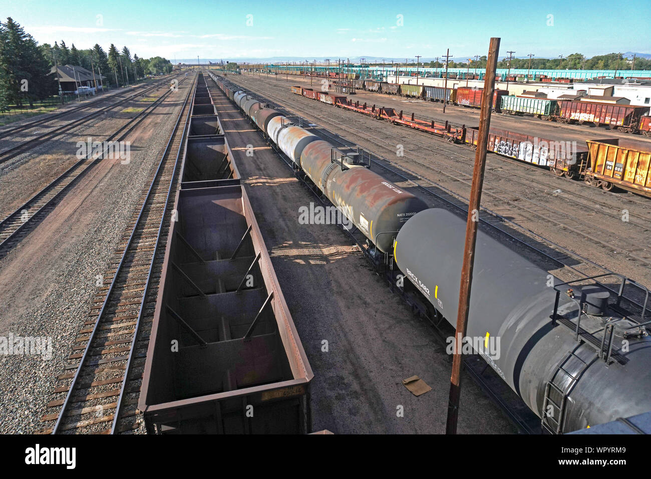 Ferrovia vuota del carbone auto e ferrovia serbatoio vetture della Union Pacific Rail yard in Laramie, Wyoming foto di Dennis Brack Foto Stock