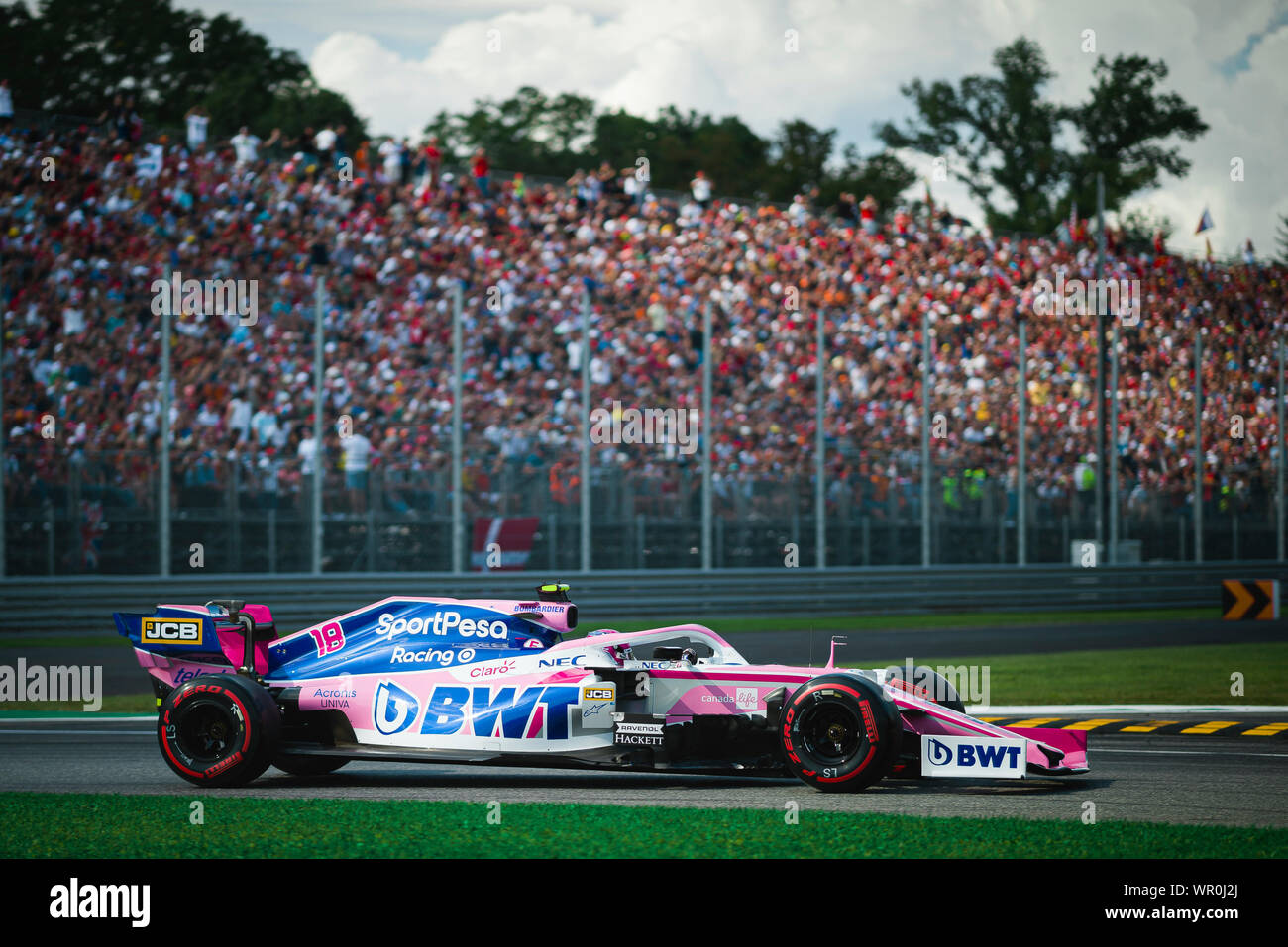 Monza, Italia. 07Th Sep, 2019. SportPesa Racing punto F1 del Team pilota canadese lancia passeggiata compete durante la sessione di qualifiche del Campionato Italiano F1 Grand Prix presso l'Autodromo Nazionale di Monza. Credito: SOPA Immagini limitata/Alamy Live News Foto Stock