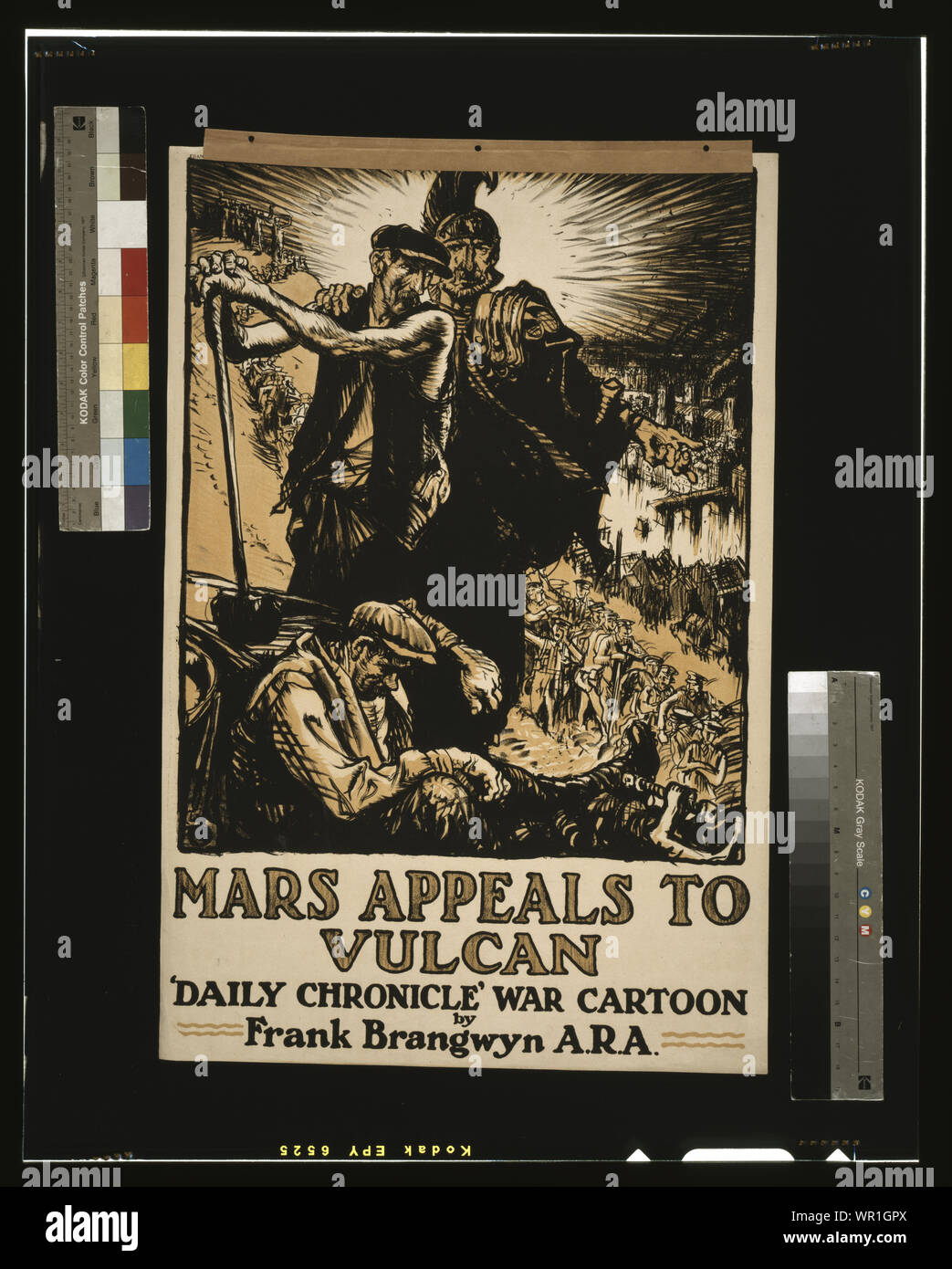 Mars appelli a Vulcan. Cronaca quotidiana guerra cartoon da Frank Brangwyn A.R.A Abstract: Poster raffigurante il dio della guerra Marte in abito romano, incoraggiando British munizioni lavoratori (cioè, il dio del fuoco Vulcan) per la fornitura di armamenti per le truppe visto in background. Foto Stock