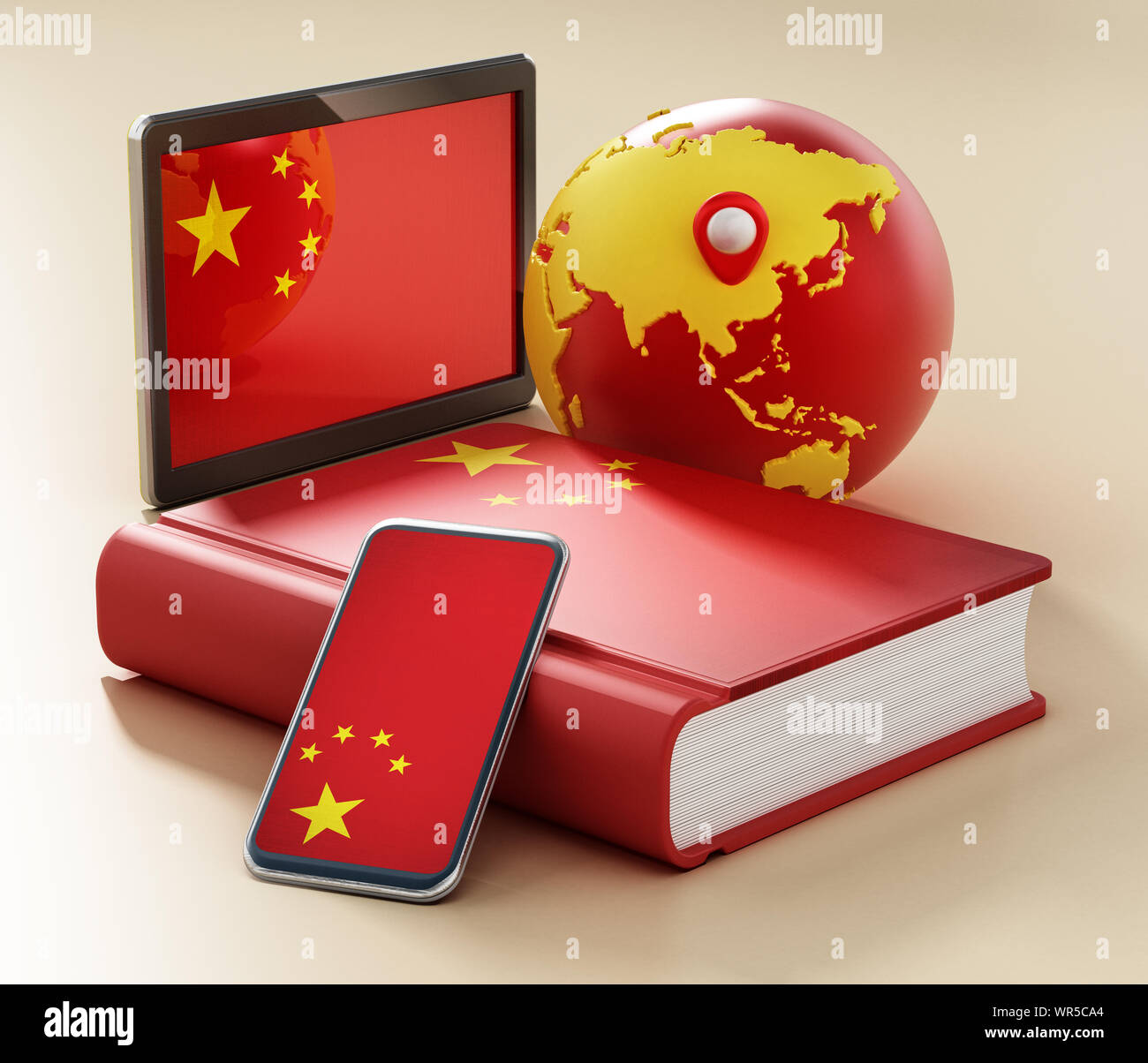 Dizionario, smartphone e tablet pc con bandiera della Cina lungo il globo. 3D'illustrazione. Foto Stock