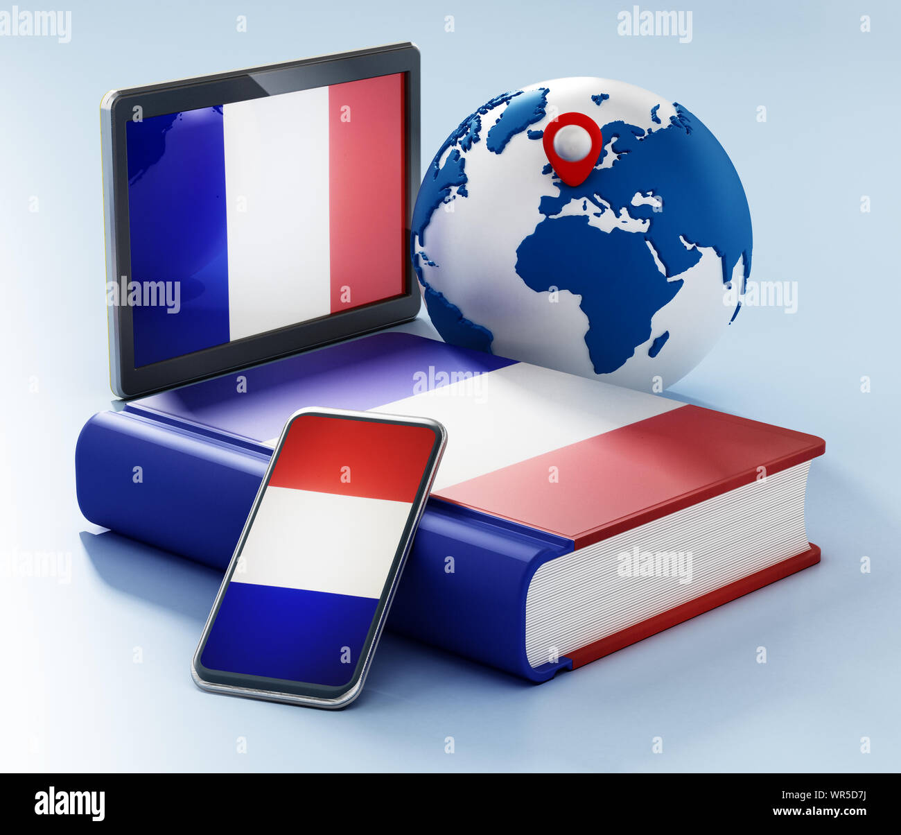 Dizionario, smartphone e tablet pc con bandiera francese lungo il globo. 3D'illustrazione. Foto Stock