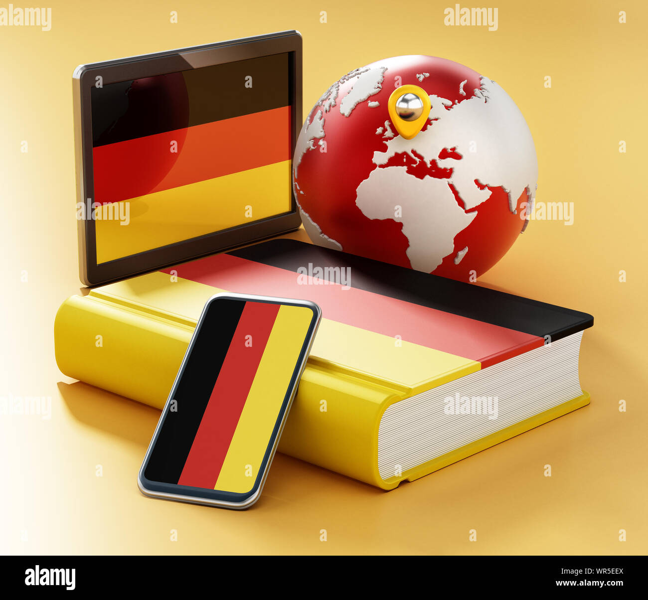 Dizionario, smartphone e tablet pc con bandiera tedesca lungo il globo. 3D'illustrazione. Foto Stock