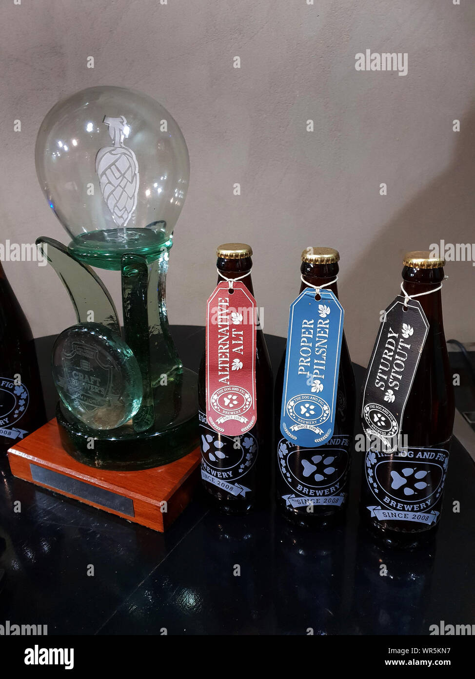 Premiata la birra in mostra presso il cane e Fig birreria, Parys, Sud Africa Foto Stock
