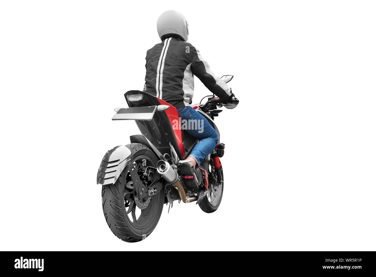 Vista posteriore del motociclo asiatici taxi uomo alla guida di isolate su sfondo bianco Foto Stock