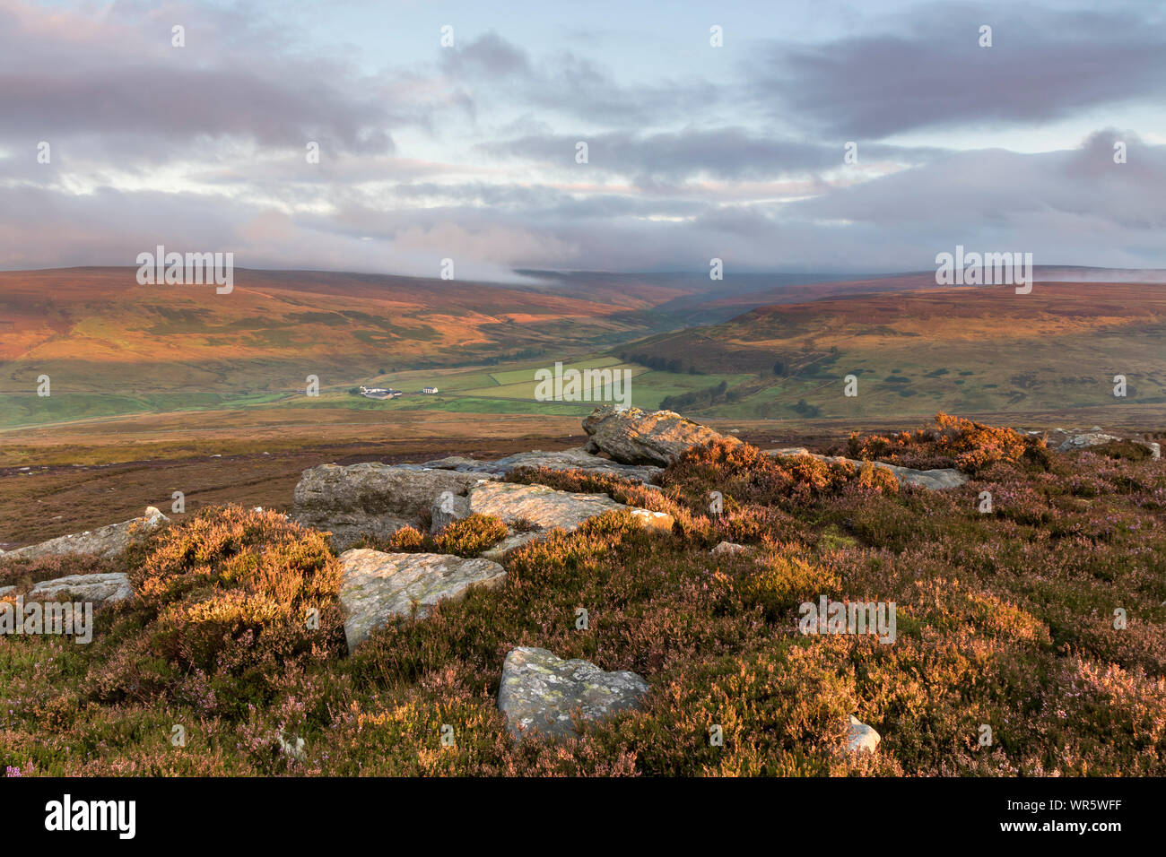 Teesdale, County Durham, Regno Unito. 10 settembre 2019. Regno Unito Meteo. Era una fredda e nebbiosa di iniziare la giornata oltre i Mori della North Pennines come il sorgere del sole ha iniziato ad illuminare il Fells. La previsione è per un luminoso giorno di sunny incantesimi con solo la doccia dispari. Credito: David Forster/Alamy Live News Foto Stock