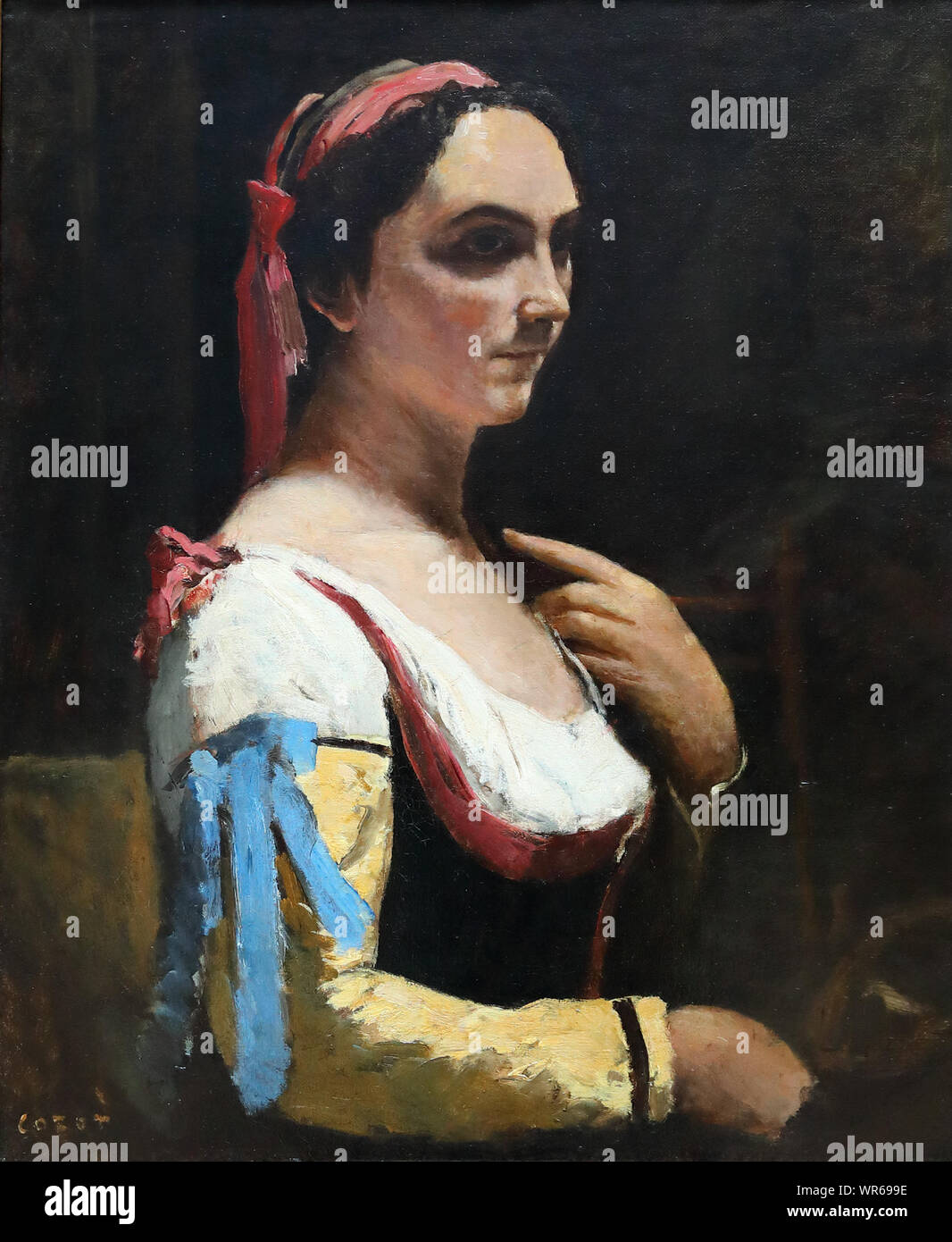 La donna italiana, o una donna con un manicotto giallo dal pittore francese Camille Corot presso la National Gallery di Londra, Regno Unito Foto Stock