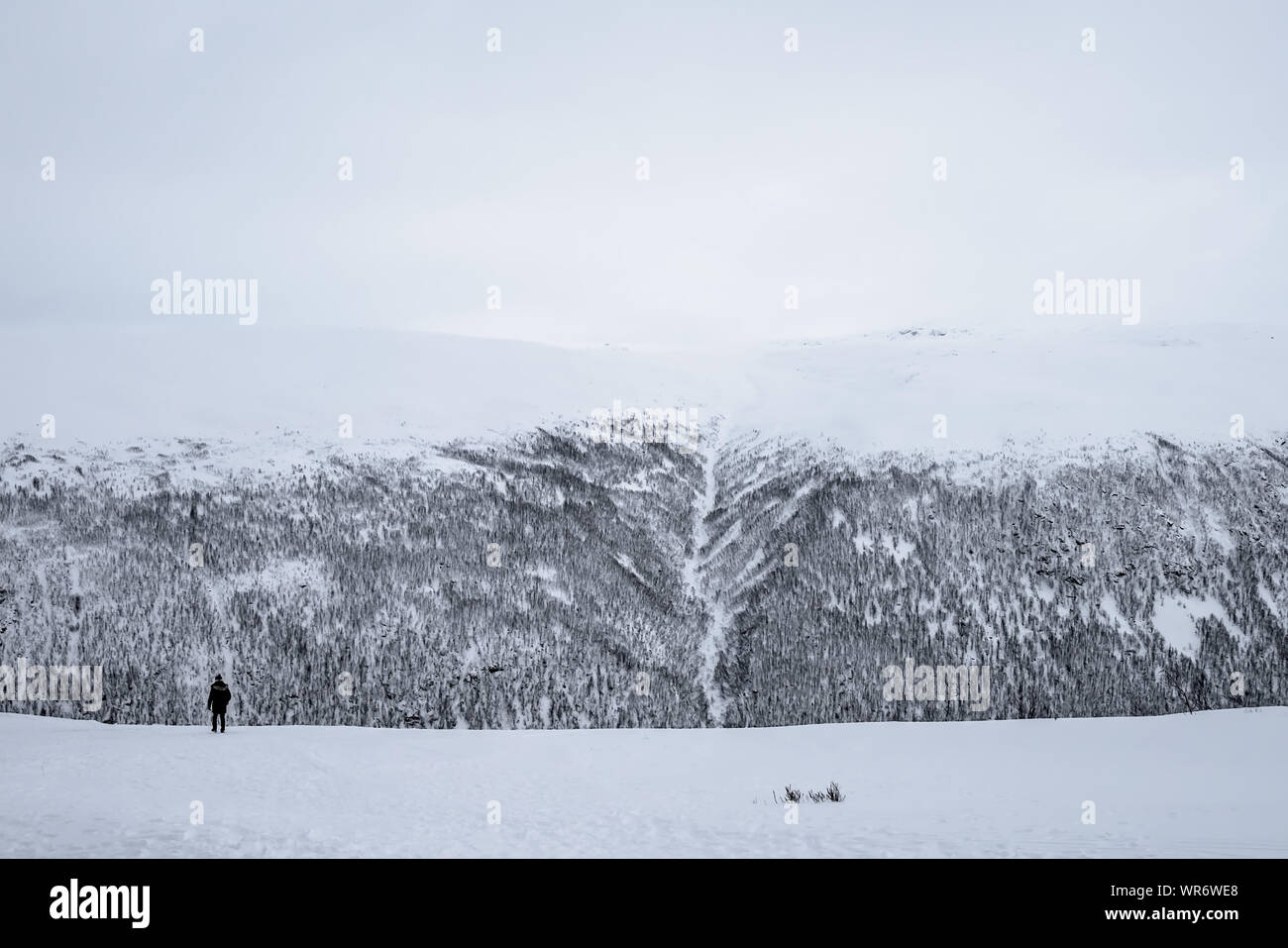 Persona non identificabili nella neve tra il meraviglioso paesaggio invernale, Norvegia Foto Stock