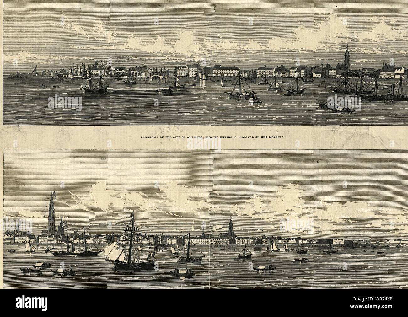 Anversa panorama dal mare. Arrivo della regina Victoria. Belgio 1845 Foto Stock