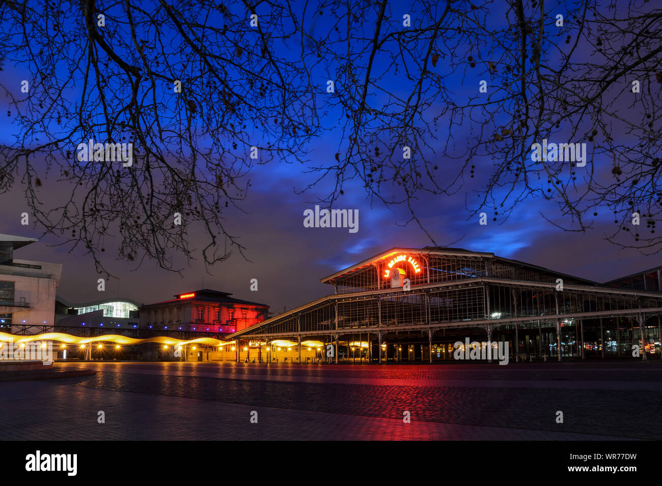 Parigi, Francia - 16 febbraio 2014: vista notturna di 'La Grande Halle' nel Parc de la Villette, catturati al blue ora. Foto Stock