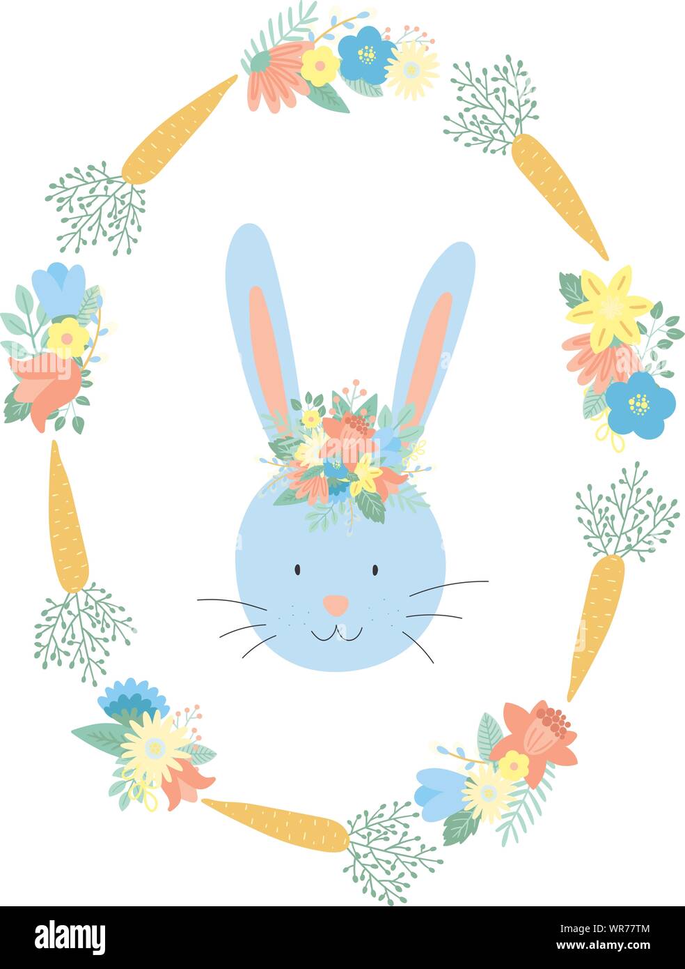 Immagine vettoriale di un coniglio con bouquet sulla testa in fiori e carote corona. Disegnate a mano Pasqua illustrazione di un coniglietto per la primavera Happy Holiday Illustrazione Vettoriale