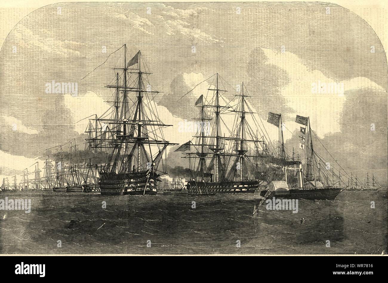 Flotta di linea di formatura affiancati. Terribile valoroso Leopard Odin &c. Royal Navy 1853 Foto Stock
