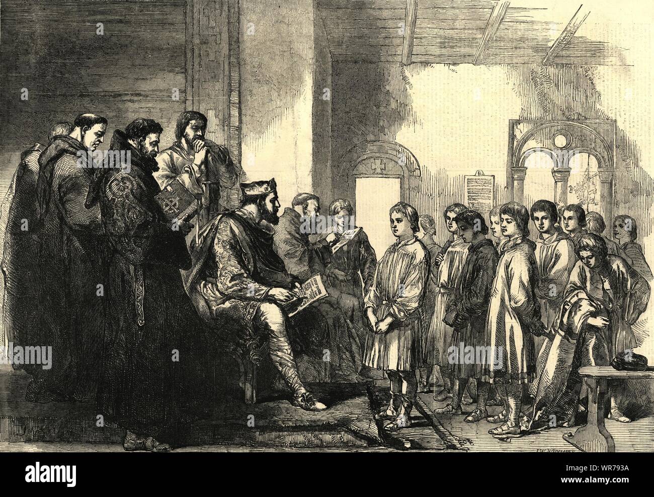 "Re Alfredo il grande insegnamento della gioventù anglosassone'. Inghilterra 1855 ILN print Foto Stock