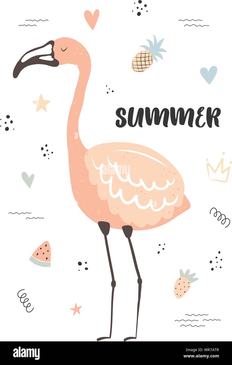 Vettore illustrazione tropicale di flamingo con fragola, ananas, anguria, cuori, stelle. Estate disegnati a mano poster esotico per i bambini, vacanze Illustrazione Vettoriale