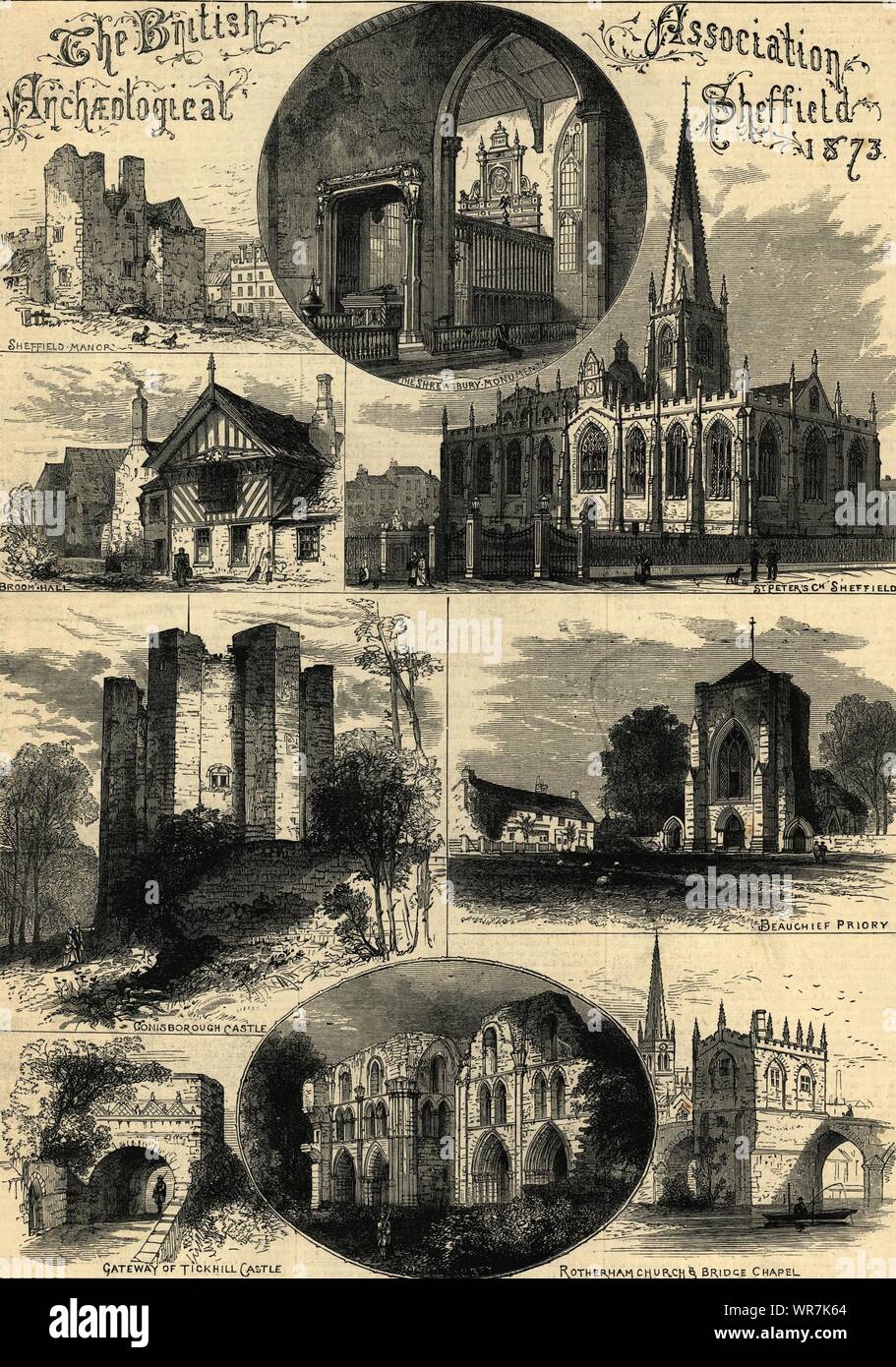Sheffield: Manor Broomhall la chiesa di San Pietro Conisbrough Beauchief Tickhill 1873 Foto Stock