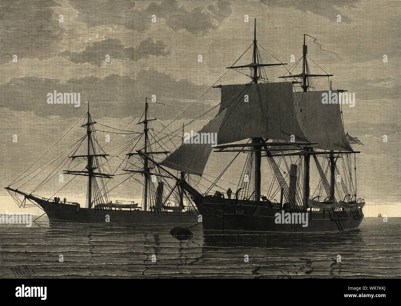 La Spedizione Artica - la scoperta - l'avviso. Navi 1875 antique ILN pagina Foto Stock