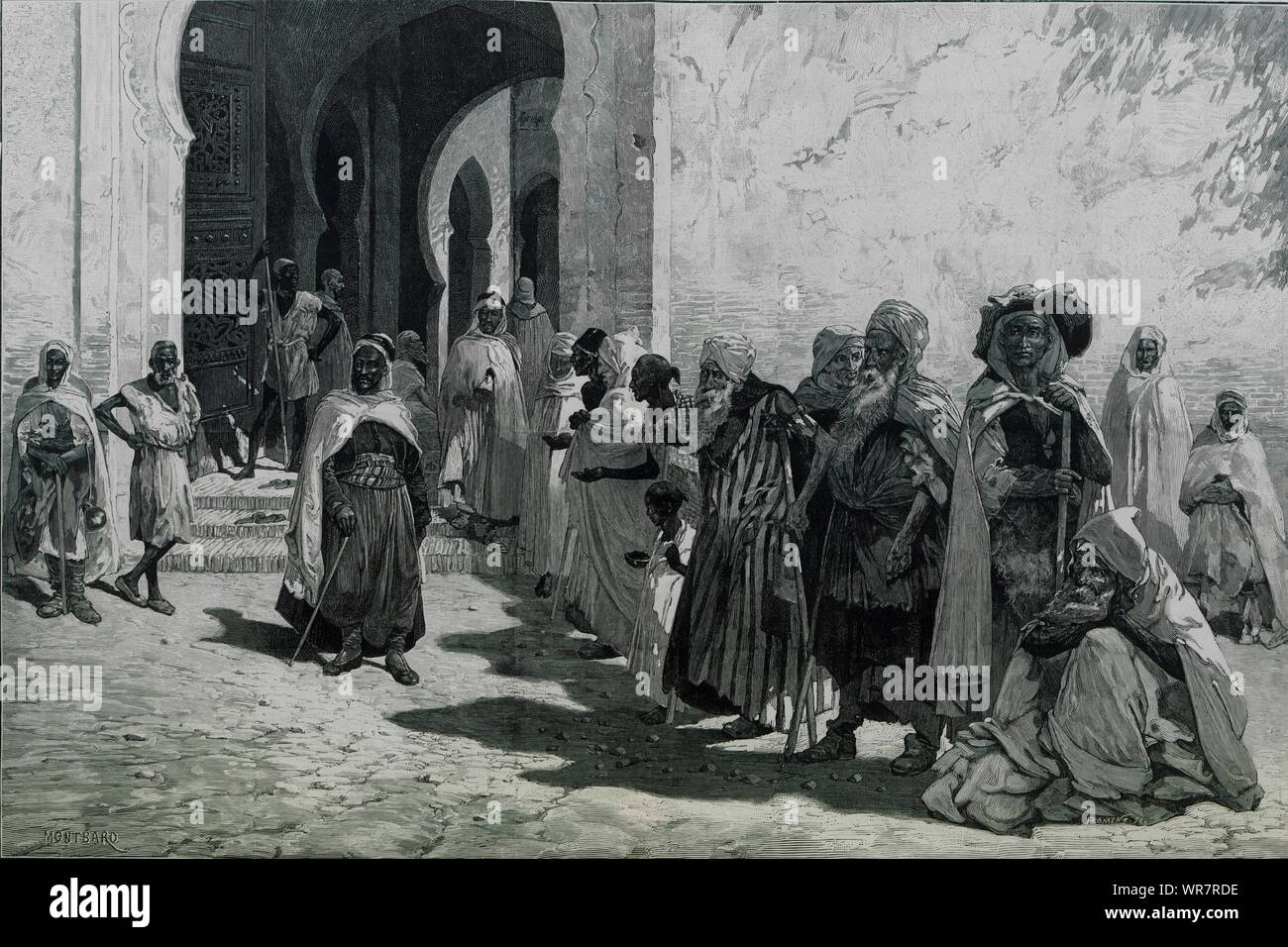 Algerine mendicanti alla porta di una moschea. Ritratti antichi 1881 ILN pagina piena Foto Stock