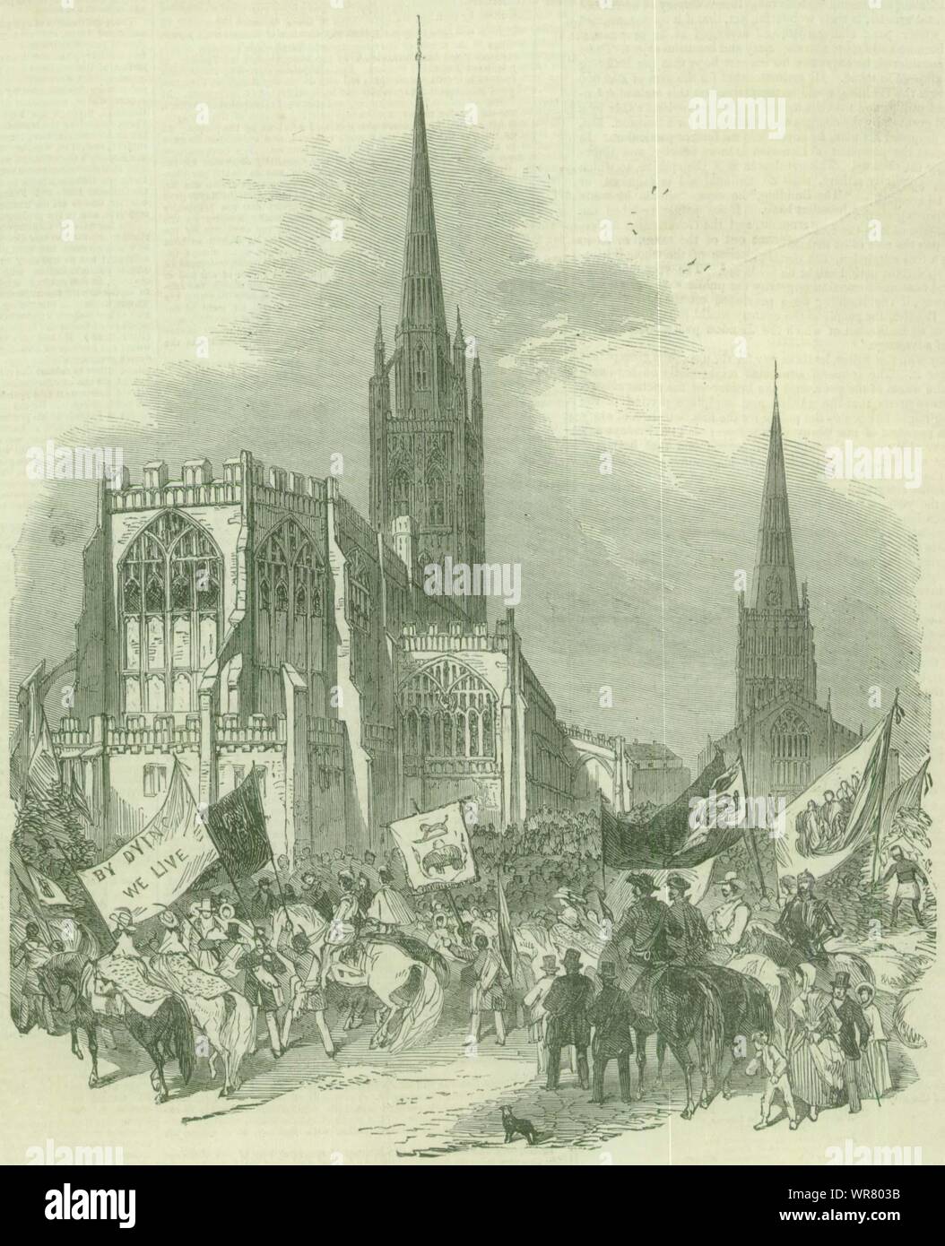 Godiva processione alla chiesa di St. Michael, Coventry Fair 1851 antique ILN pagina Foto Stock