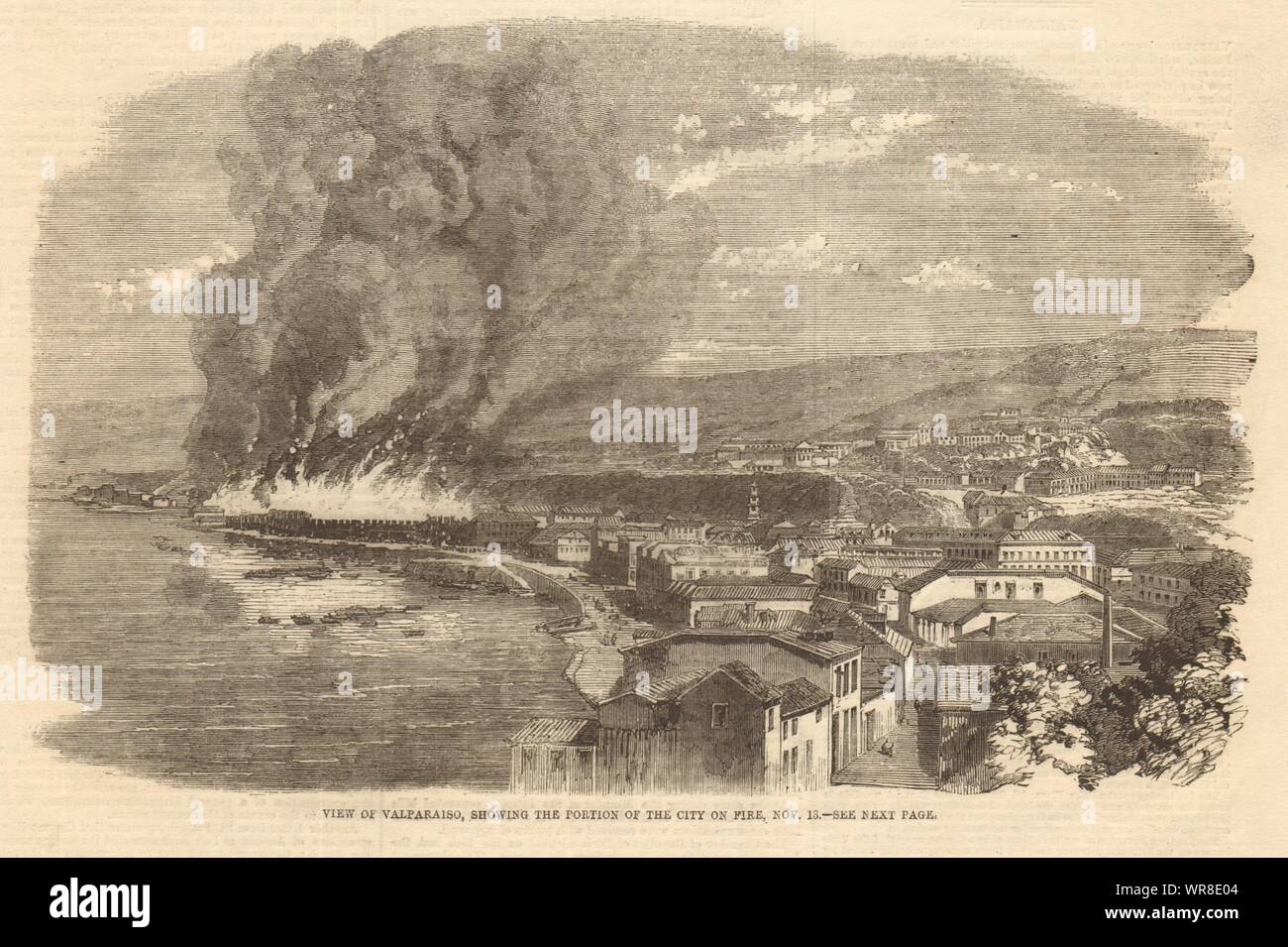 Vista di Valparaiso, che mostra la porzione della città sul fuoco, nov. 13. Il Cile 1859 Foto Stock